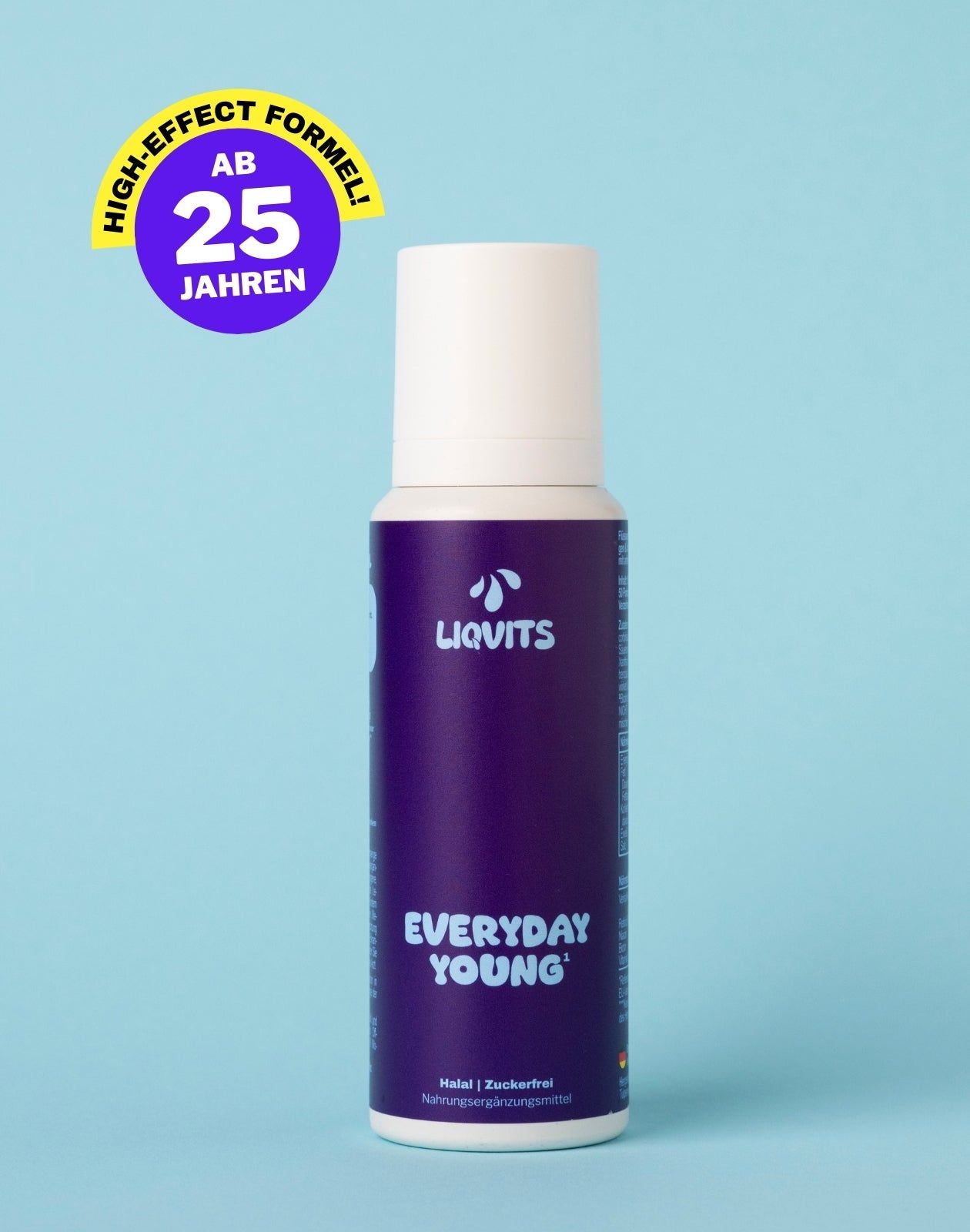 Violette Flasche mit weißem Deckel. Aufschrift: LiqVits Everyday Young. Gelbes Etikett: Ab 25 Jahren. Hintergrund: hellblau.