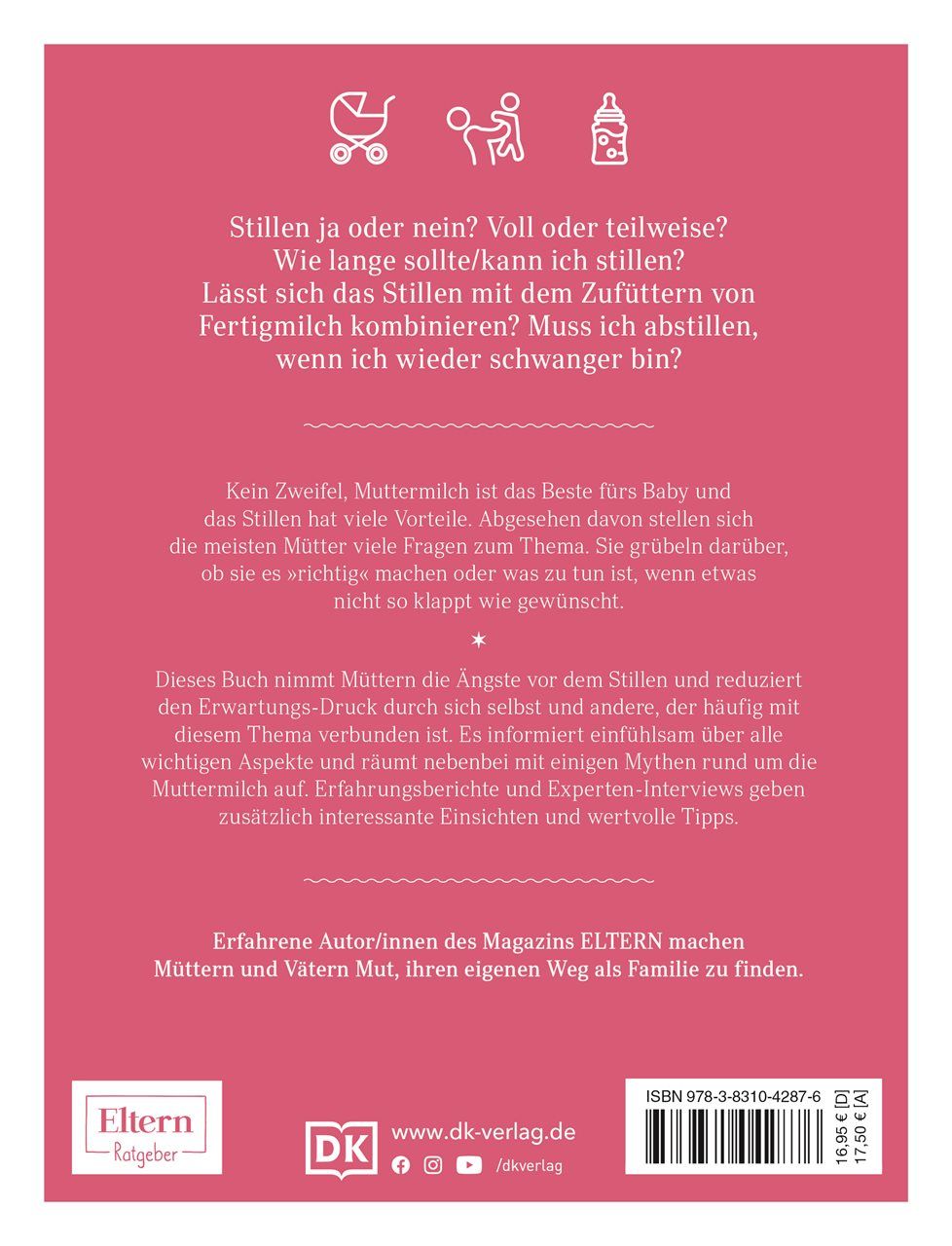 Rückseite des Buches "Stillen". Text in deutscher Sprache. Logo "Eltern-Ratgeber" und Verlagslogo.