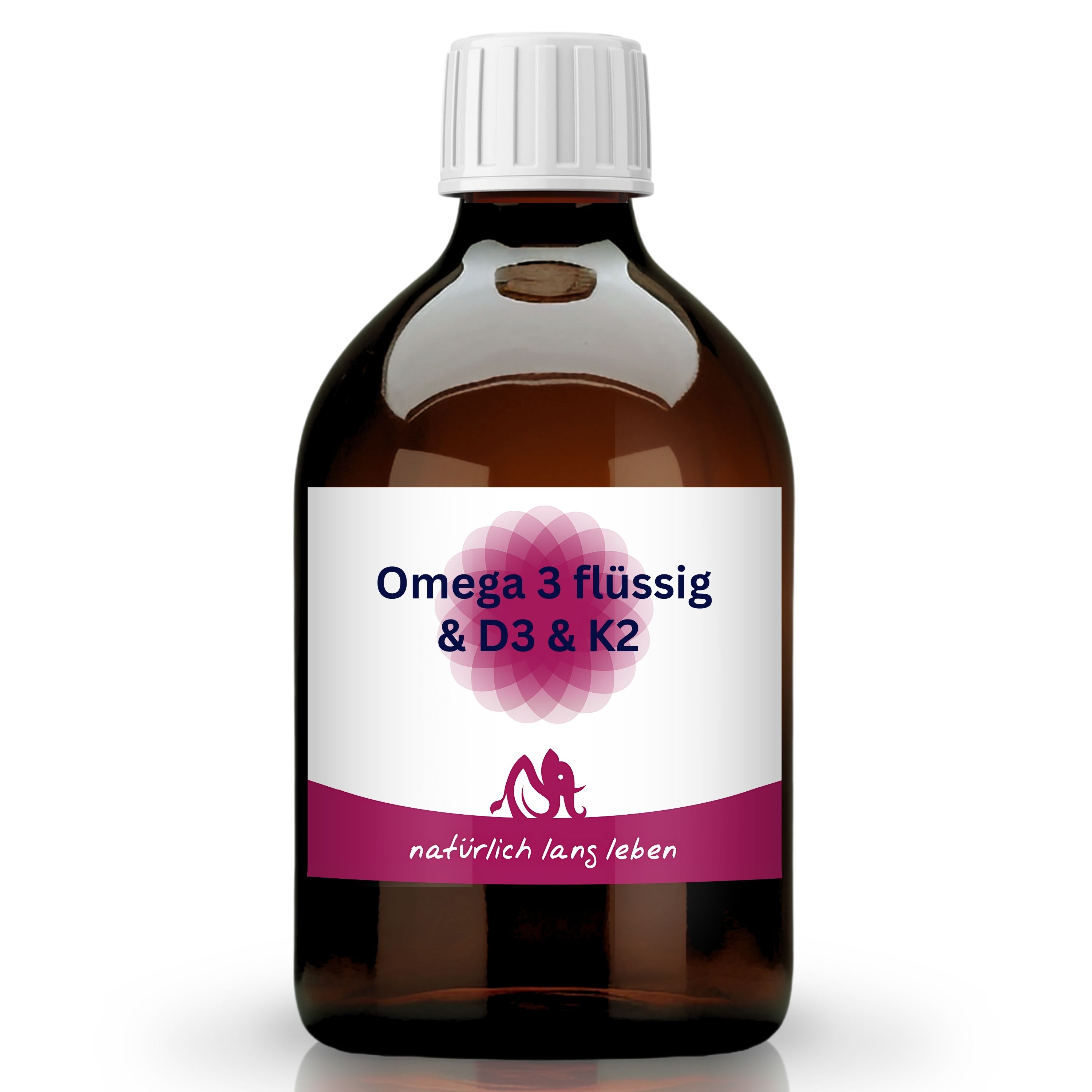 Braune Glasflasche mit weißem Deckel. Etikett mit Produktnamen und Logo. Aufschrift: Omega 3 flüssig & D3 & K2.