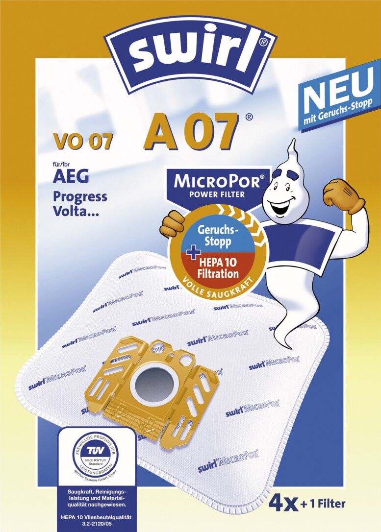 Swirl A 07 Staubsaugerbeutel. Verpackung mit Produktabbildung. Enthält 4+1 Filter. Text: "MICROPOR Power Filter". "Geruchs-Stopp HEPA 10 Filtration". Geeignet für AEG, Progress, Volta. Mit "NEU mit Geruchs-Stopp" gekennzeichnet. TÜV-Zertifizierung.