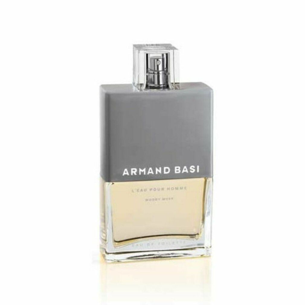 Parfümflakon Armand Basi L'Eau pour Homme. Rechteckige Form, grauer Deckel, transparente Flüssigkeit. Aufschrift: Armand Basi.