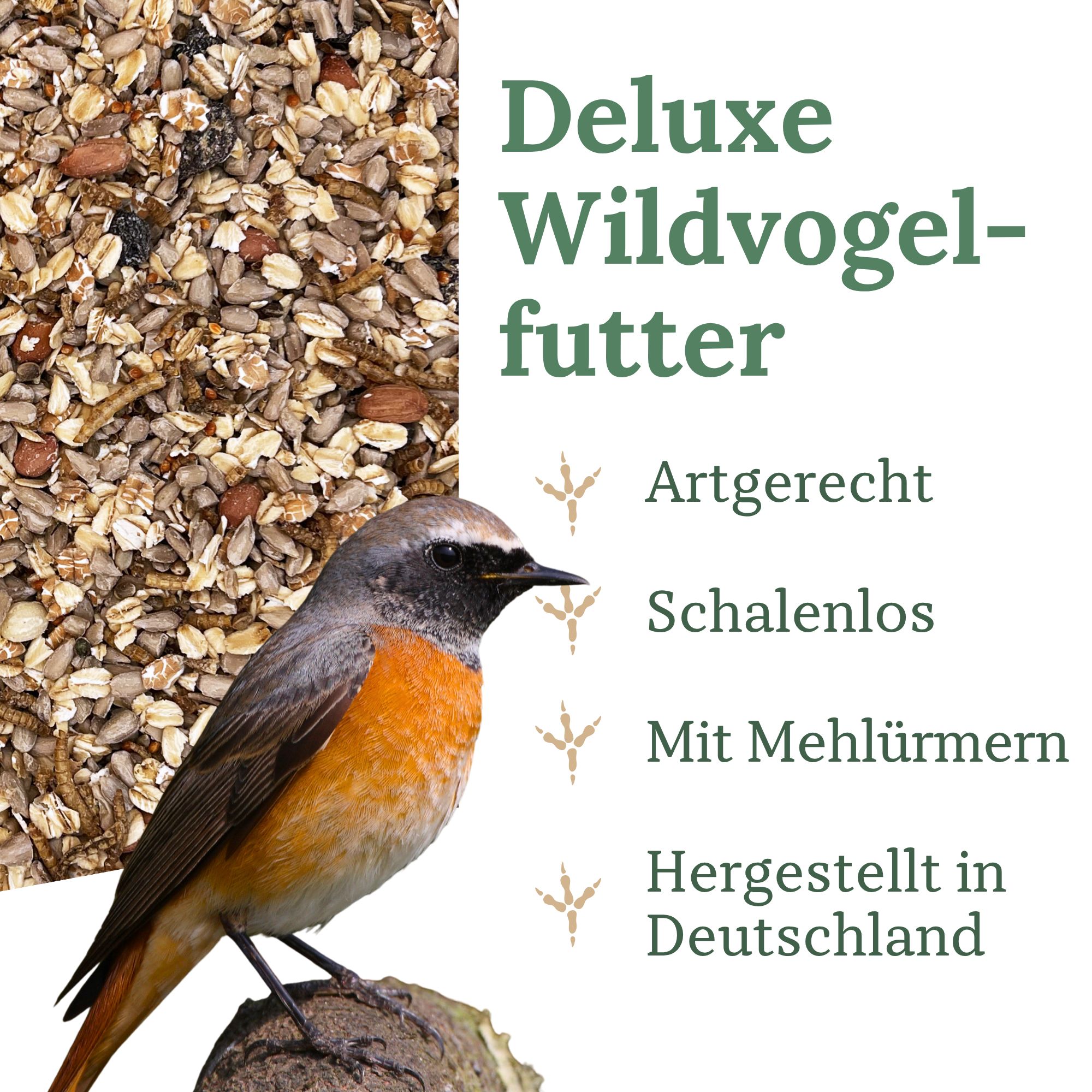 Wildvogelfutter mit Mehlwürmern, artgerecht und schalenlos. Hergestellt in Deutschland.