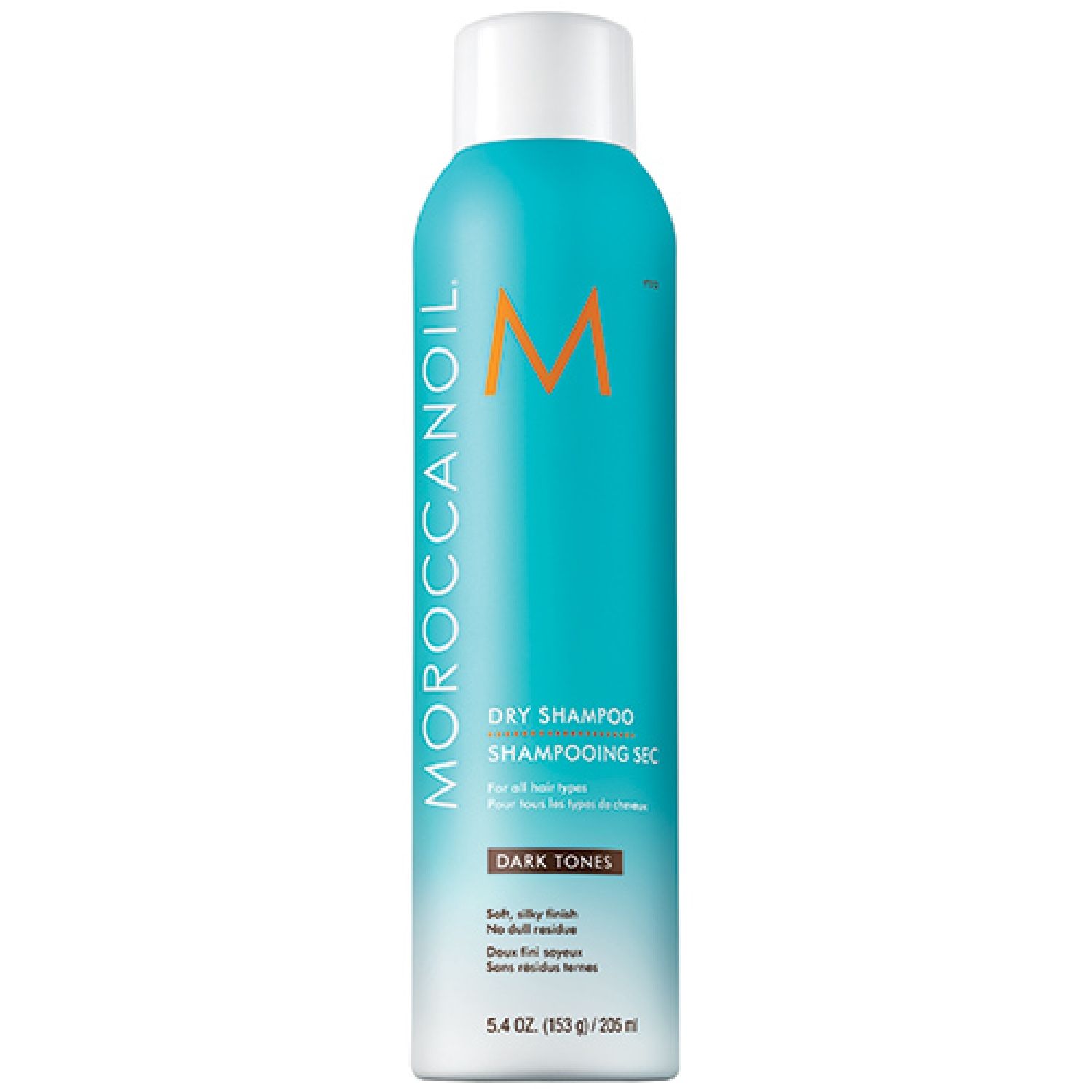 Trockenshampoo-Flasche für dunkles Haar. Türkis-farbene Dose mit weißem Deckel. Aufschrift: MOROCCANOIL, DRY SHAMPOO, DARK TONES.