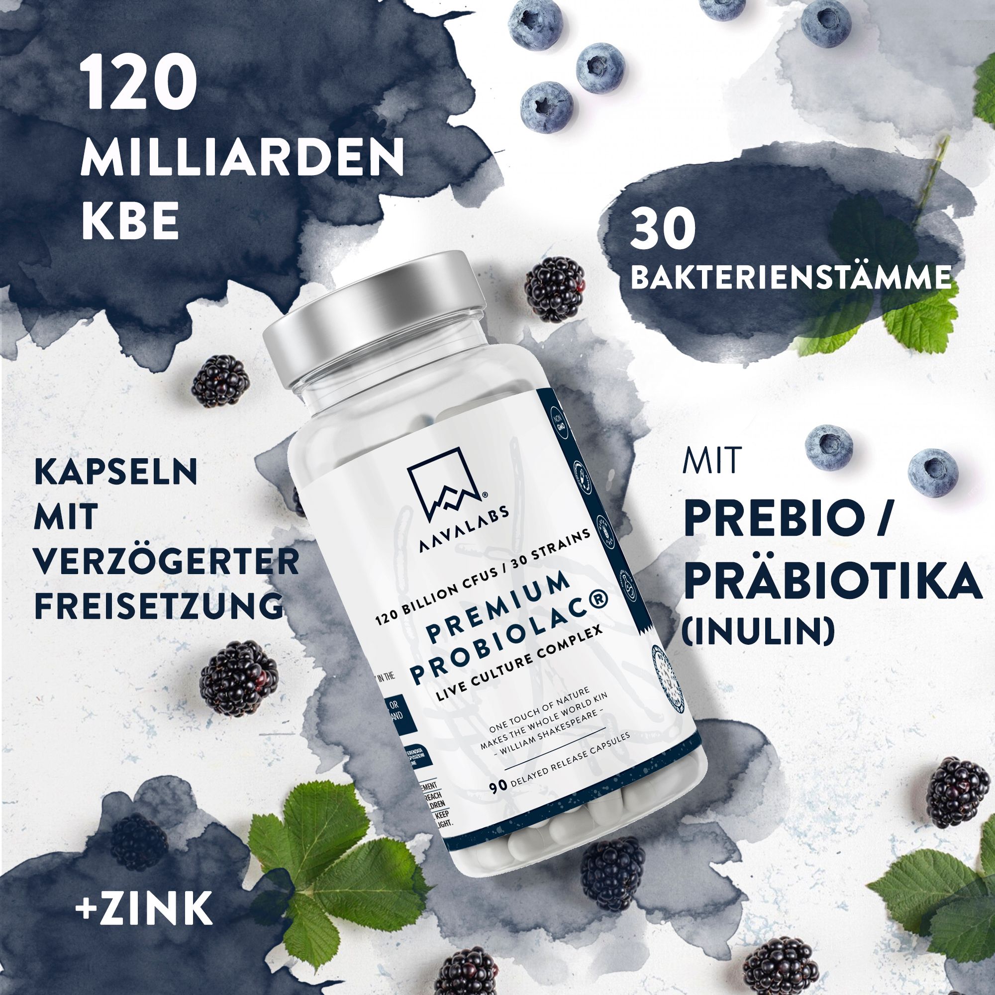 Aavalabs Premium Probiolac Kapseln mit Blaubeeren und Brombeeren. 120 Milliarden KBE, 30 Stämme, mit Präbiotika.