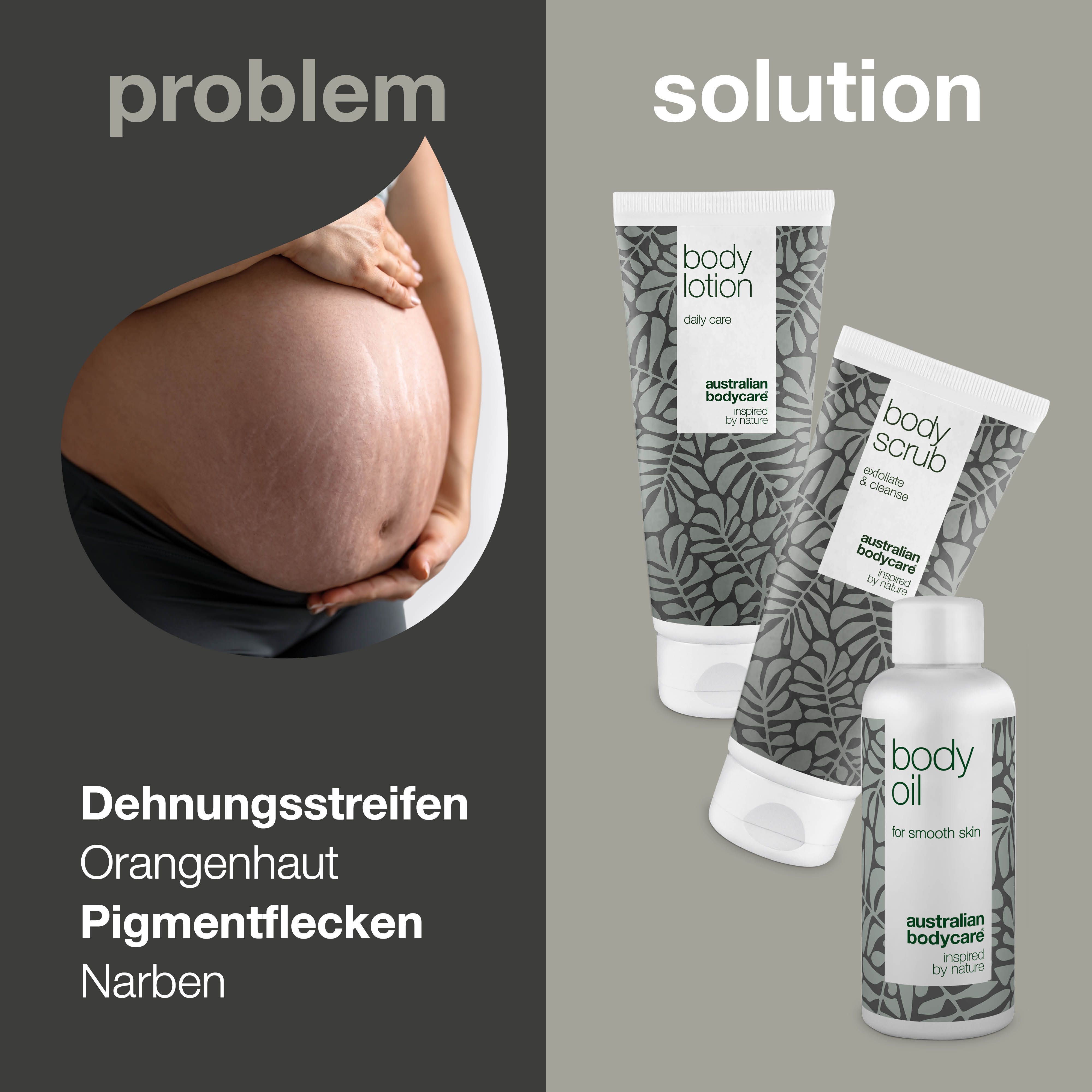 Problem-Lösung-Darstellung. Schwangere Frau mit Dehnungsstreifen. Produkte: Body Lotion, Body Scrub, Body Oil. Text: Australian Bodycare.