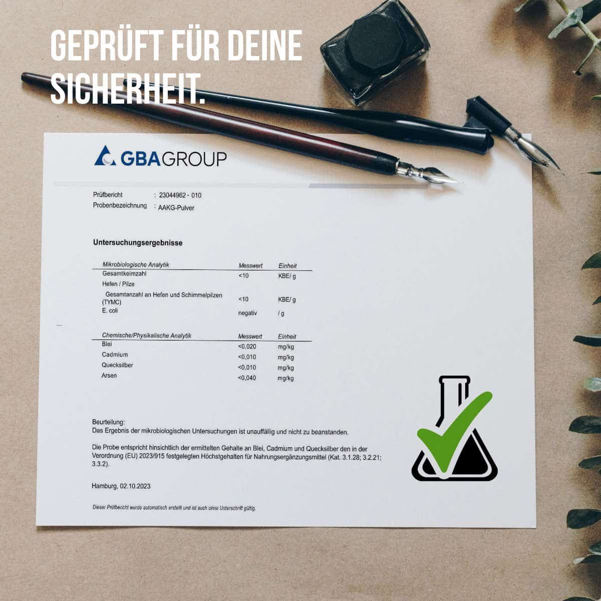 Prüfbericht von GBA GROUP für AAKG Pulver mit Ergebnissen zur mikrobiologischen und chemisch-physikalischen Analyse.