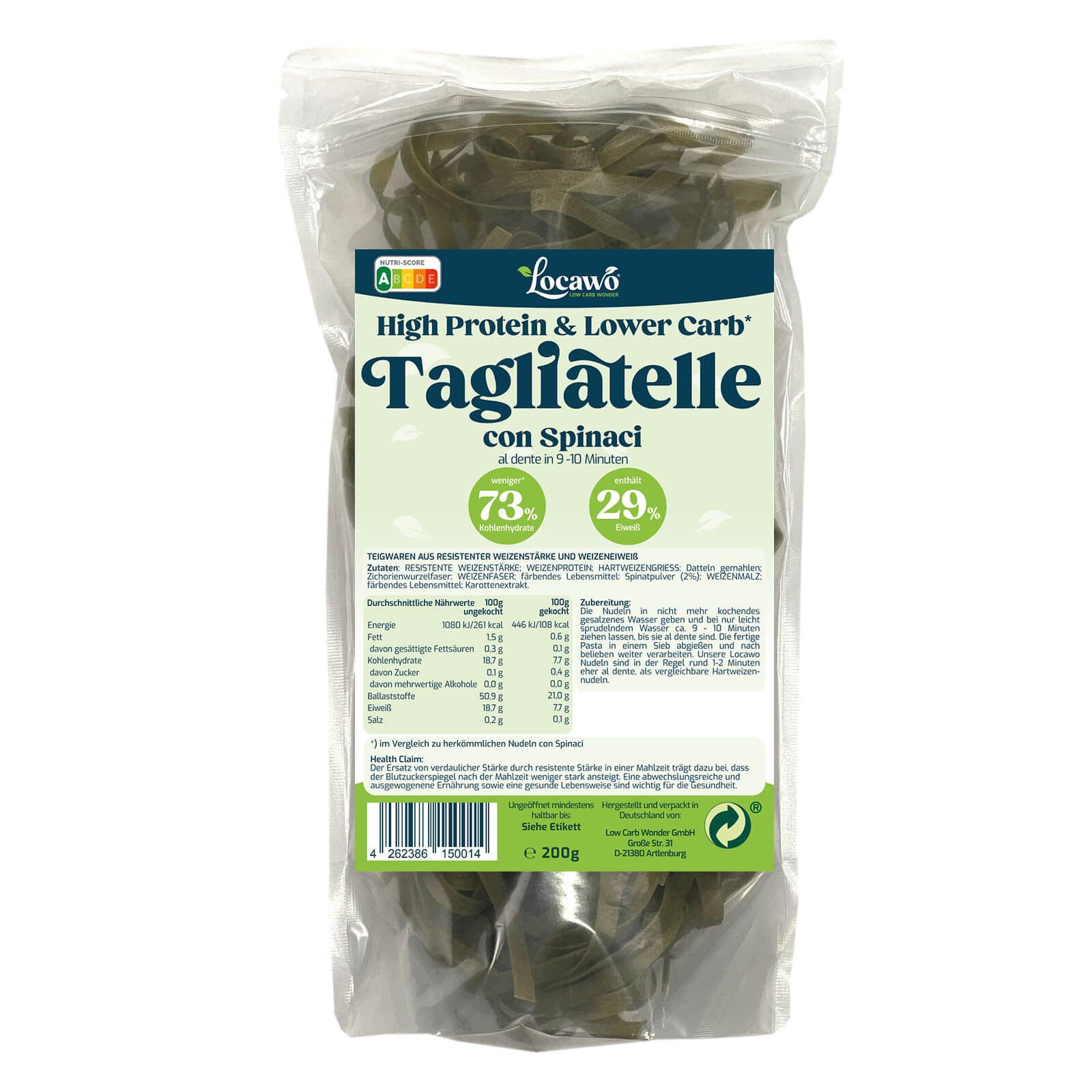 Verpackung mit Locawo Tagliatelle con Spinaci. Klarsichtbeutel mit grünen Nudeln. Text: High Protein & Lower Carb, 73% und 29%.