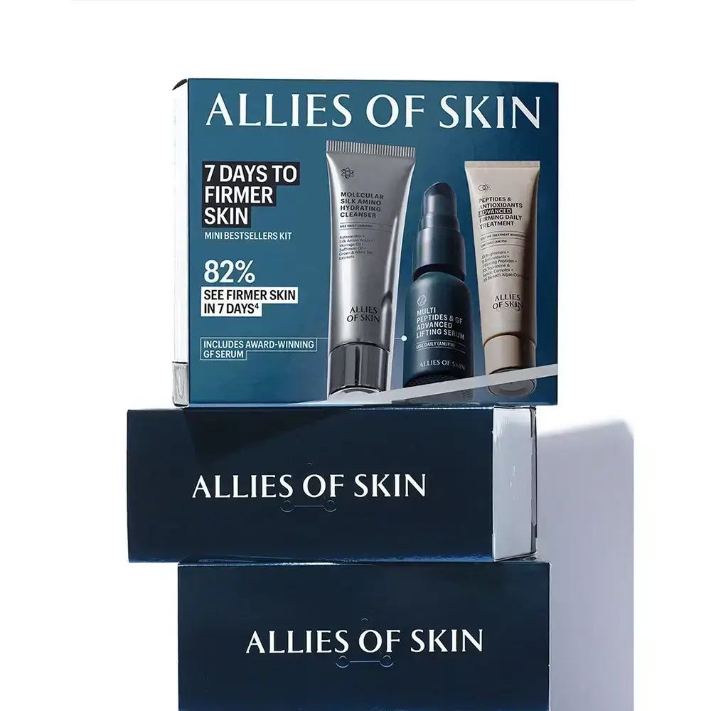 Box-Set mit drei Produkten. Aufschrift: ALLIES OF SKIN, 7 Days to Firmer Skin. Enthält Mini-Bestseller.