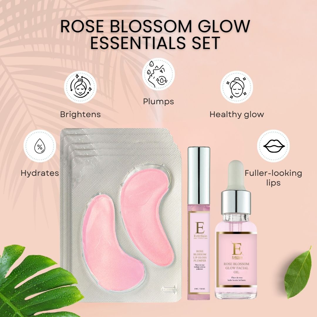 Rosa Augenpads, Lipgloss und Gesichtsöl. Produkte mit "E"-Logo. Text: "Rose Blossom Glow Essentials Set". Icons: Hydratation, Aufpolstern, Glanz.