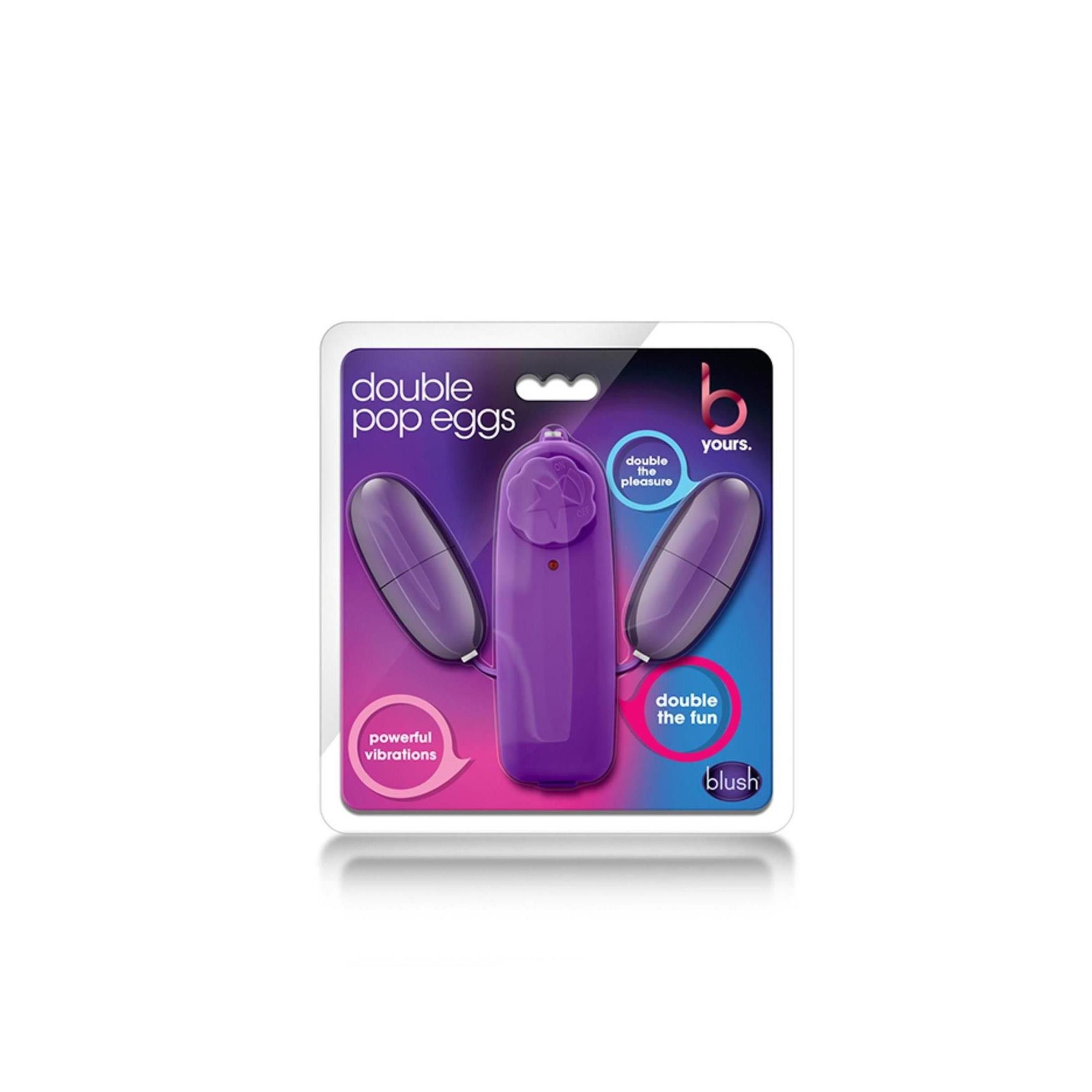 Verpackung für Doppel-Ei-Vibrator. Zwei Eier und eine Fernbedienung. Text: "double pop eggs", "double the fun", "powerful vibrations".