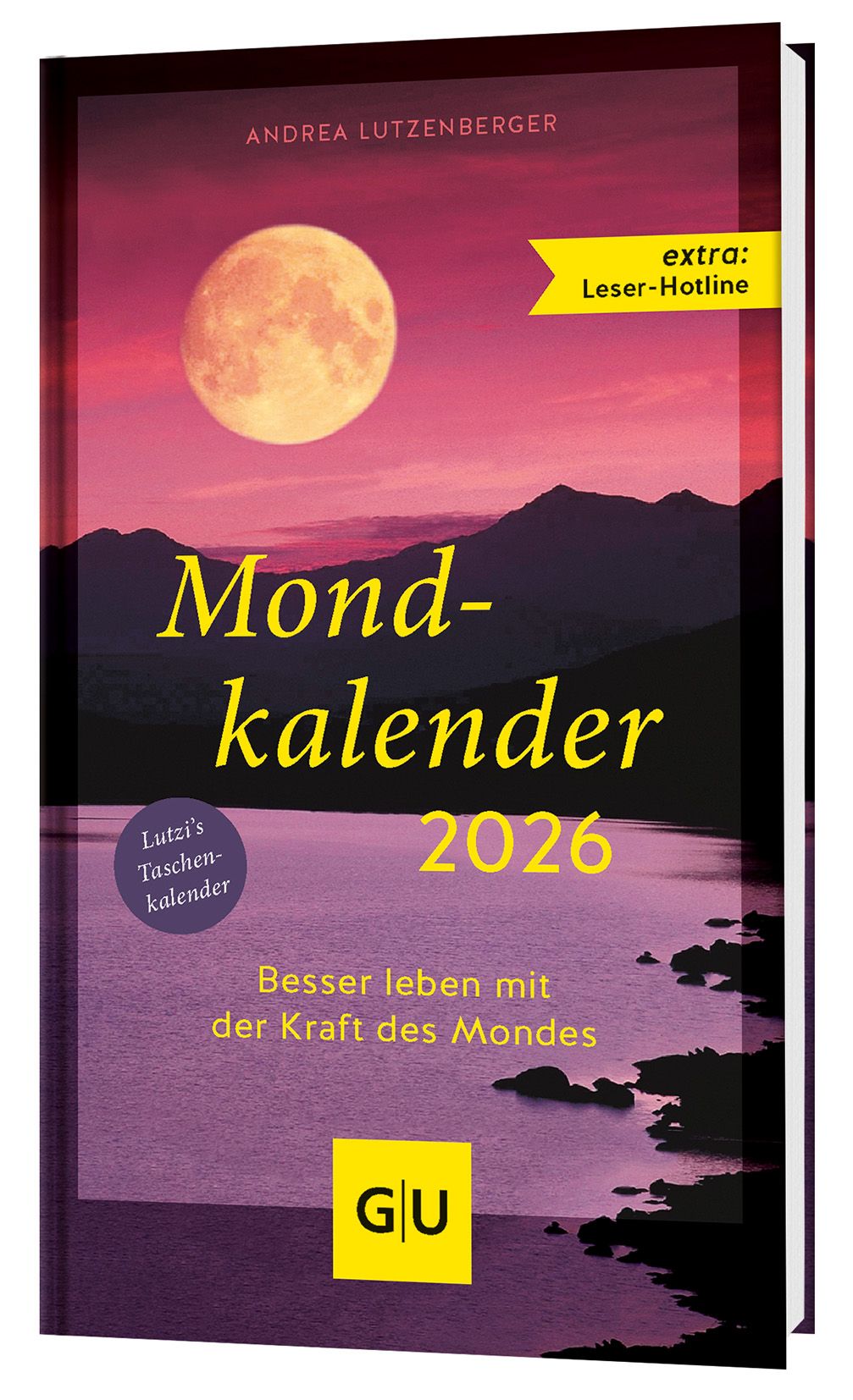 Taschenkalender "Mondkalender 2026" mit Mond- und Landschaftsmotiv. Autorin: Andrea Lutzenberger. Mit GU-Logo.
