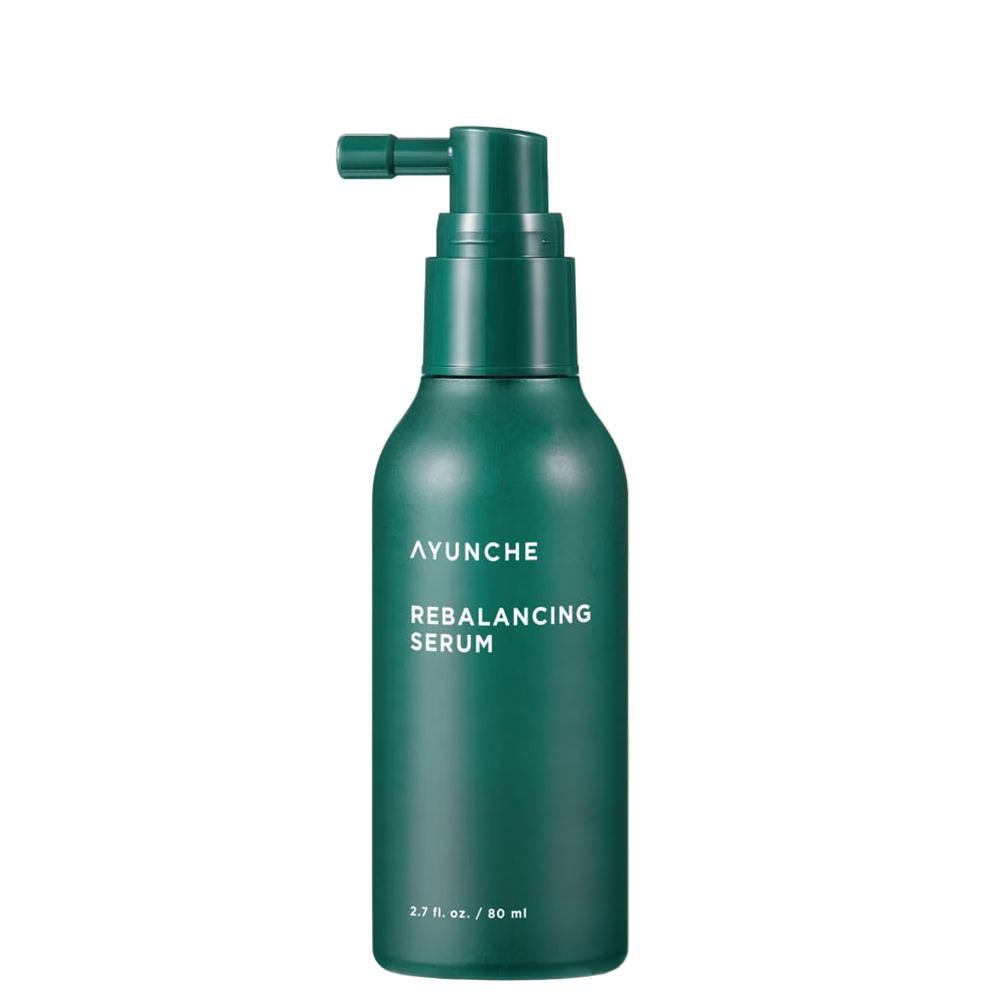 Dunkelgrüne Flasche mit Pumpspender für Ayunche Rebalancing Serum.
