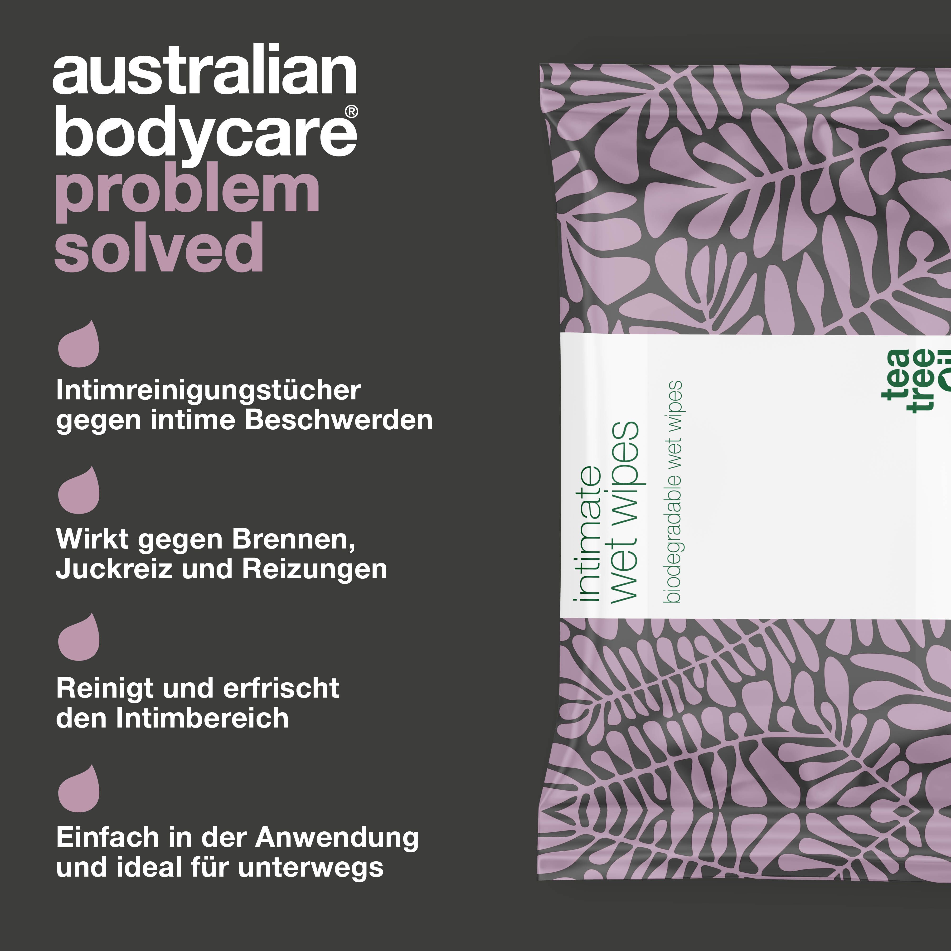Produktinformationen. Intim-Feuchttücher. Marke: Australian Bodycare. Text: Intimreinigungstücher gegen intime Beschwerden.
