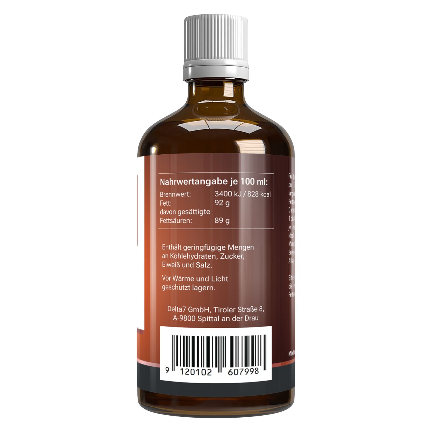 Rückseite einer braunen Glasflasche mit weißem Deckel. Nährwertangaben pro 100 ml. Barcode.