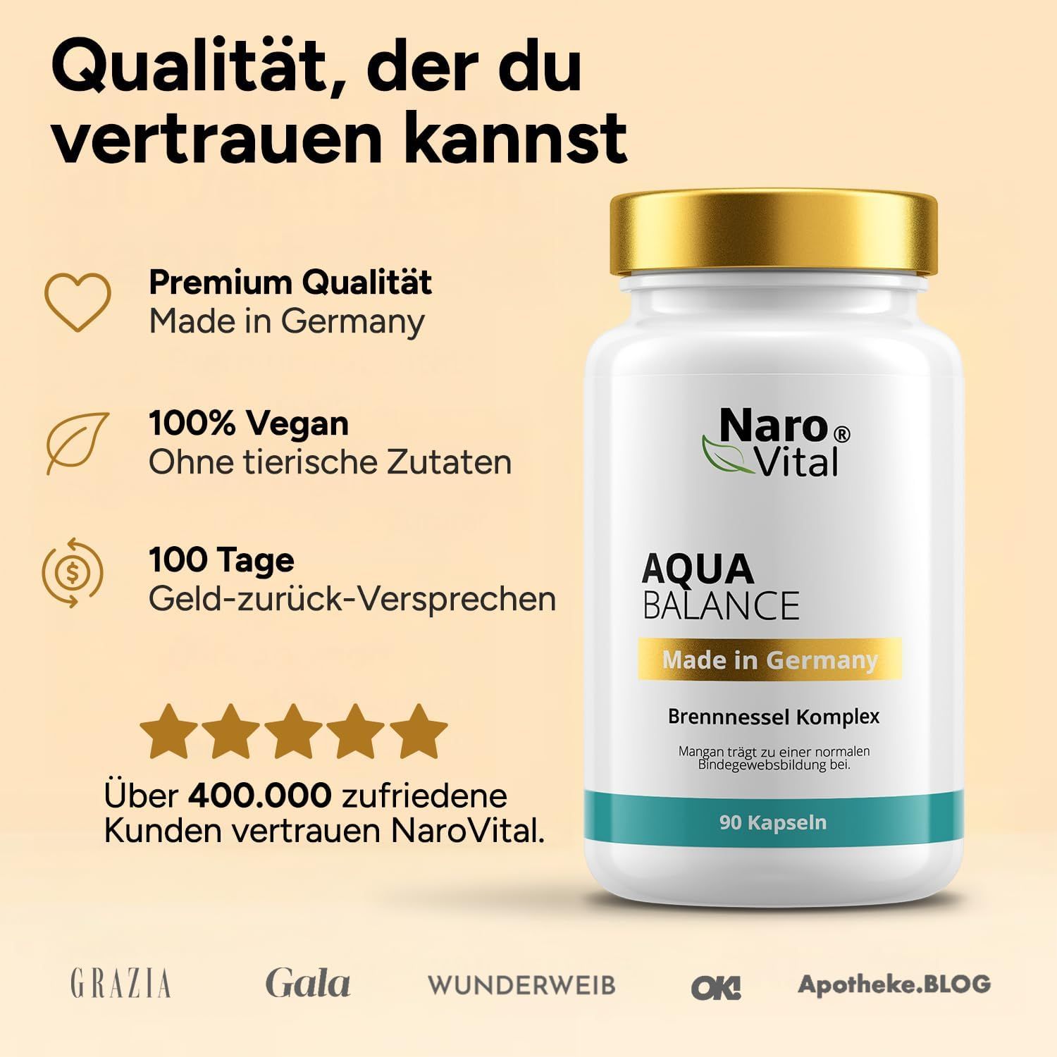 Weiße Kapsel-Dose mit goldenem Deckel. Aufschrift: NaroVital, Aqua Balance, Made in Germany, Brennnessel Komplex. 90 Kapseln. Logos und Sterne.