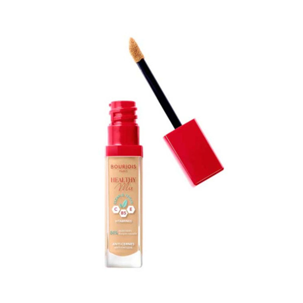 Concealer-Fläschchen mit rotem Deckel und Applikator. Aufschrift: Bourjois, Healthy Mix, Vitamine C, E, B5. 84% Inhaltsstoffe natürlichen Ursprungs.