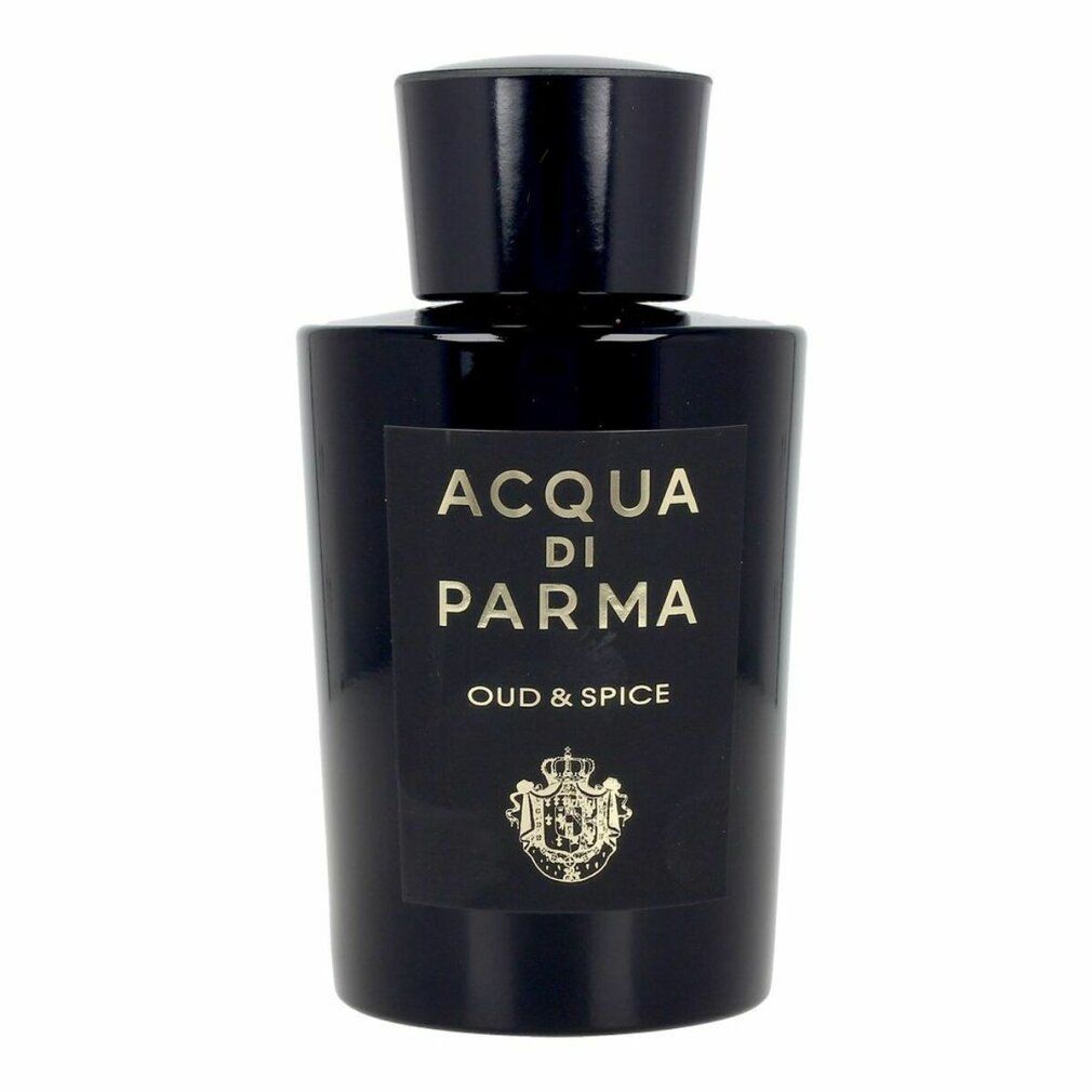Schwarze Flasche mit Etikett. Aufschrift: ACQUA DI PARMA, OUD & SPICE. Goldfarbenes Wappen.