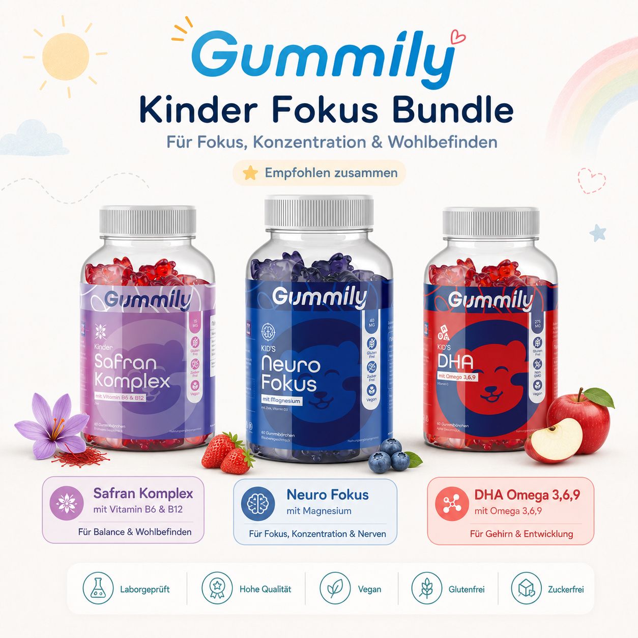 Gummily Kinder Fokus Bundle mit drei Behältern: Safran, Neuro Fokus und DHA.