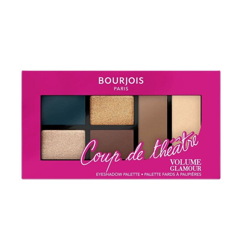 Lidschatten-Palette mit sechs Farbtönen in einer pinkfarbenen Verpackung. Aufschrift: Bourjois, Coup de théâtre, Volume Glamour.