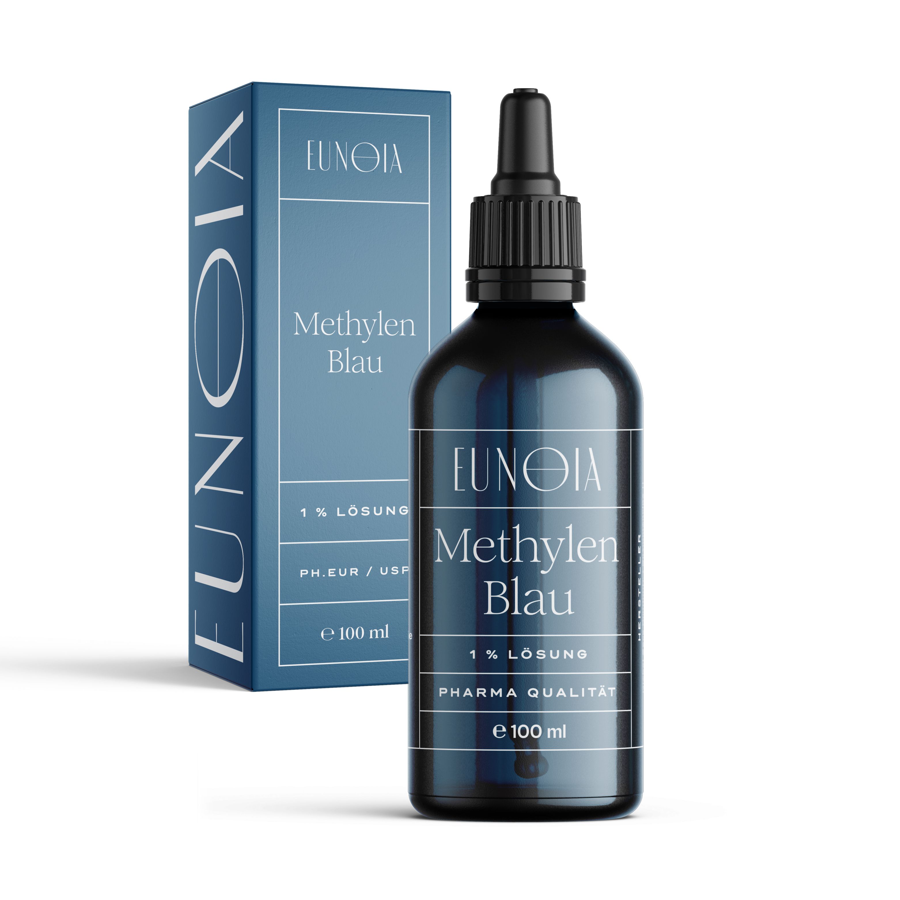 EUNOIA Methylenblau Tropfen, blaue Flasche mit Tropfer und Verpackung. 1% Lösung, Pharmaqualität.