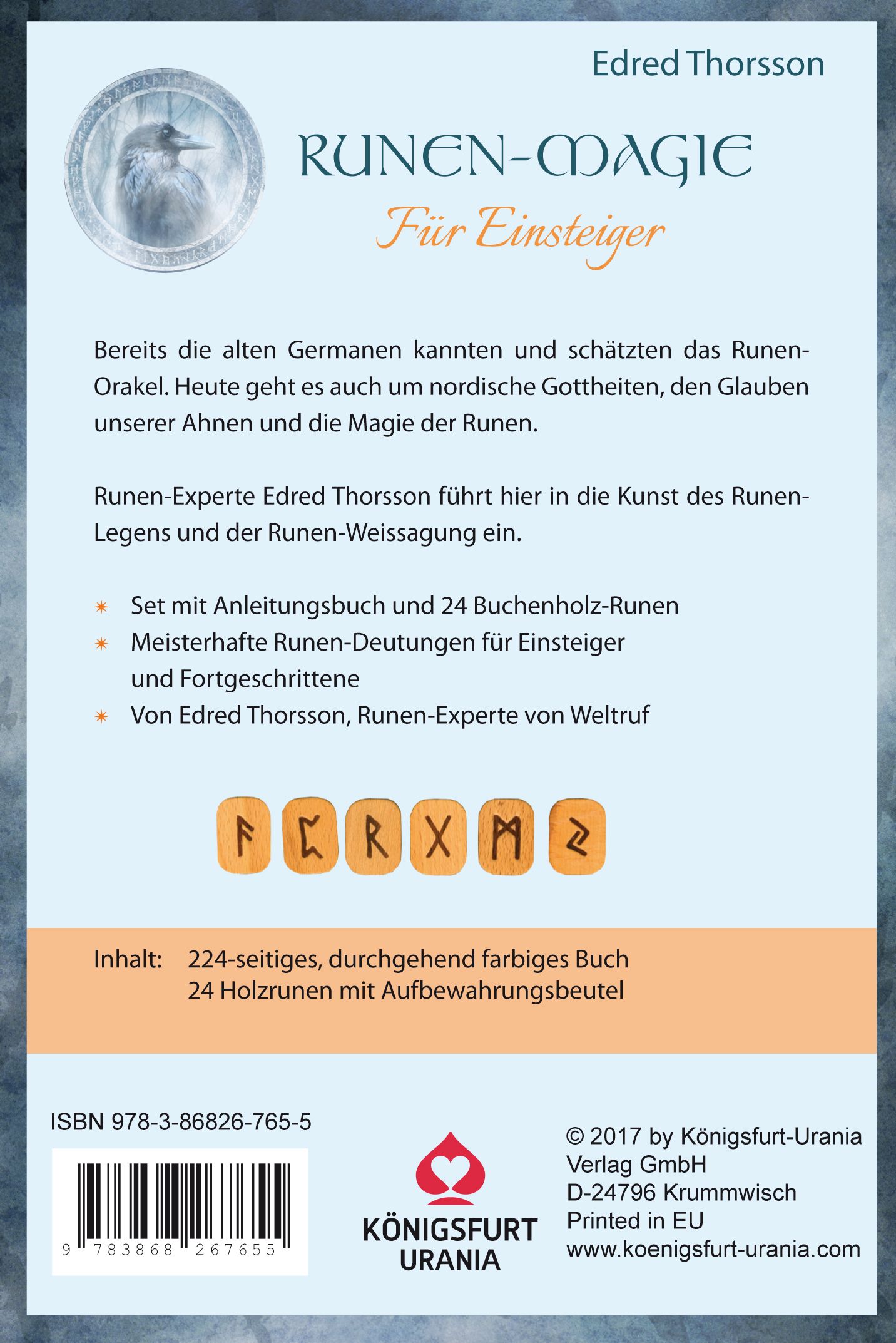 Rückseite des Buches "Runen-Magie für Einsteiger". Text mit Inhaltsangabe und ISBN. Logo "Königsfurt-Urania".