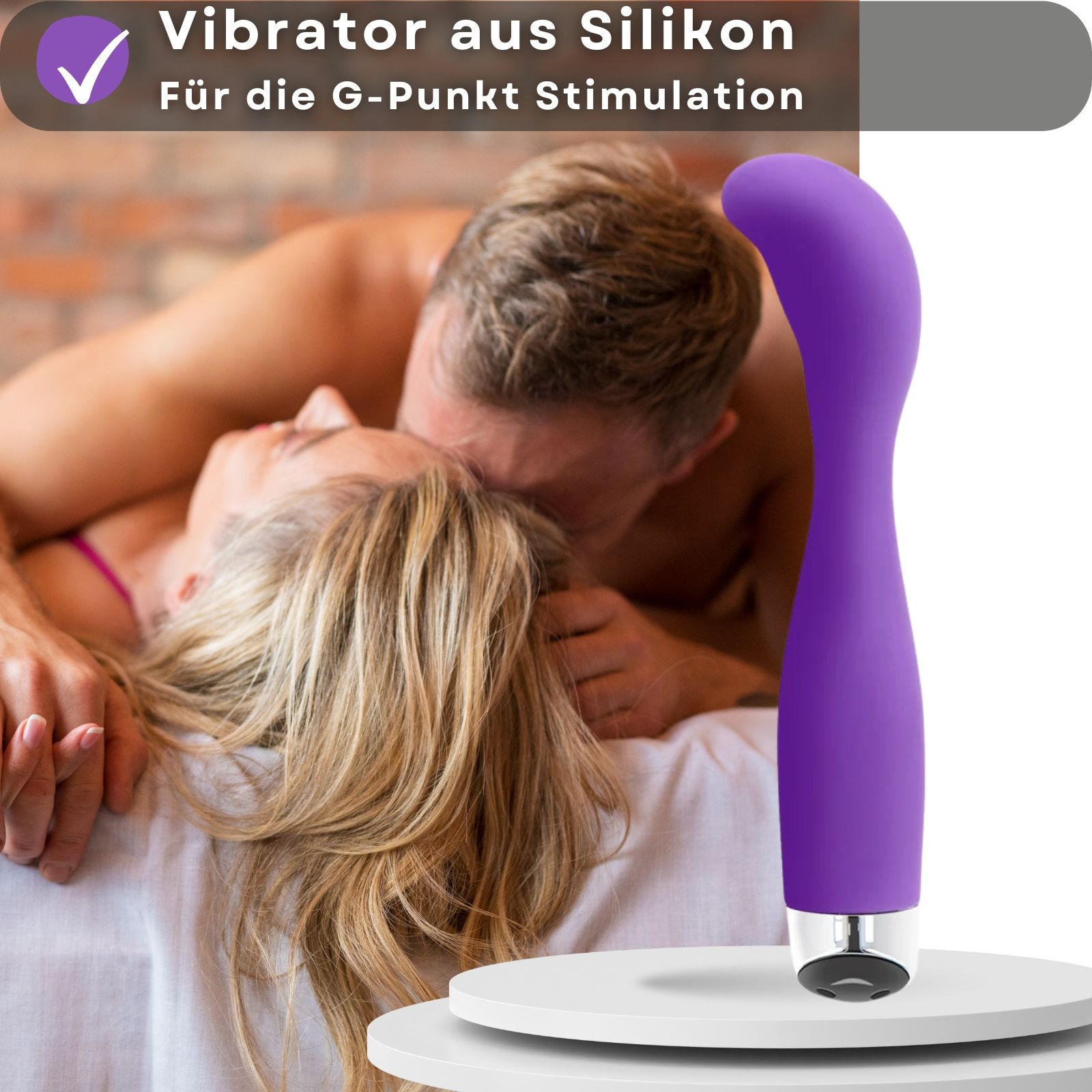 Lila Vibrator. Silikon, gebogen Form. Text: Vibrator aus Silikon, für G-Punkt Stimulation.