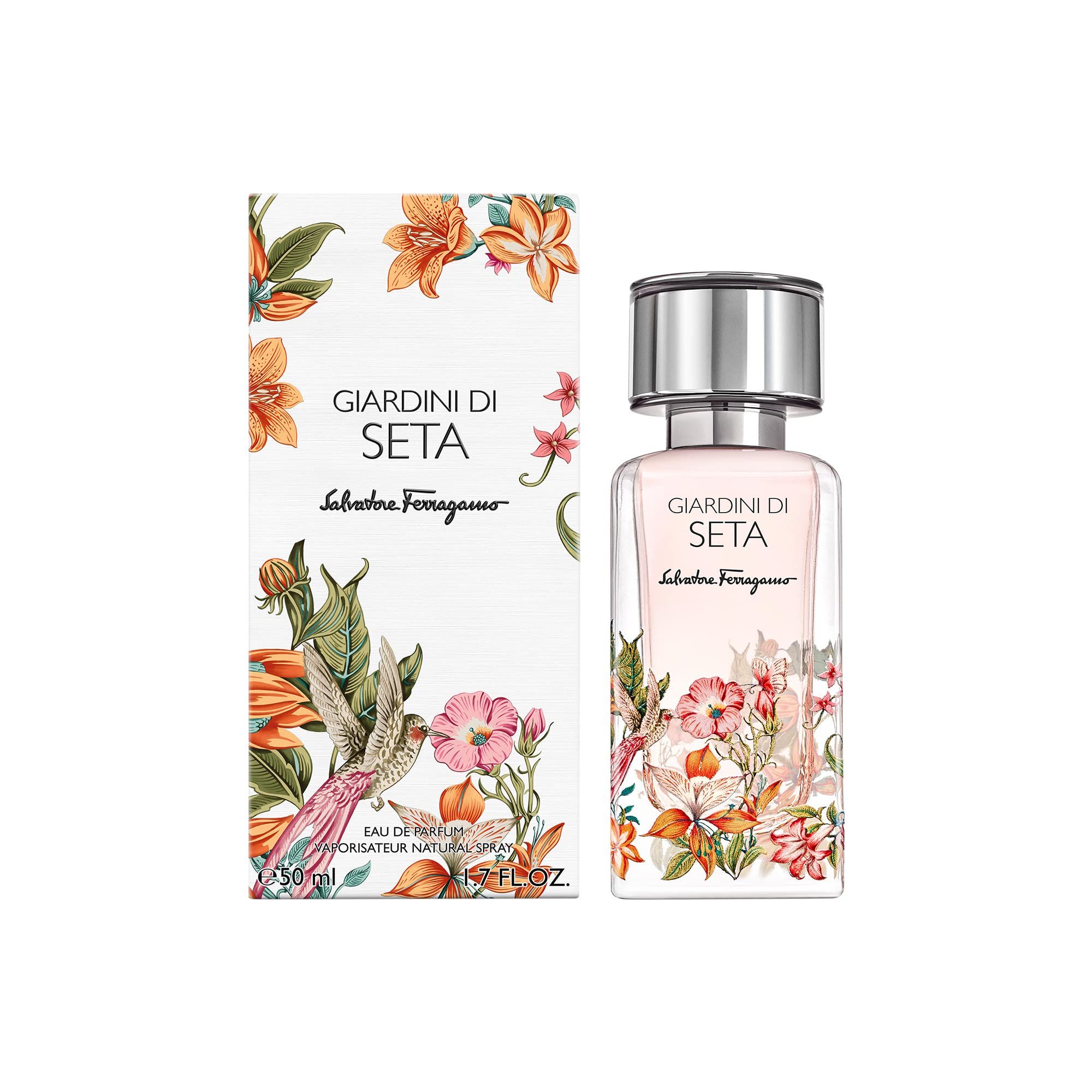 Parfümflakon und Verpackung. Aufschrift Giardini di Seta, Salvatore Ferragamo. Blumendekor mit Vogel. 50 ml.