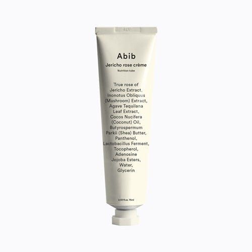 Weiße Tube mit 'Abib Jericho rose crème Nutrition tube' und Inhaltsstoffen.