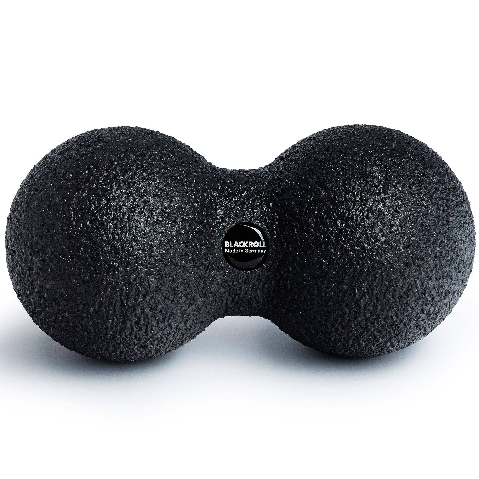 Schwarze Duoball mit strukturierter Oberfläche. Mit Logo 'BLACKROLL Made in Germany'.