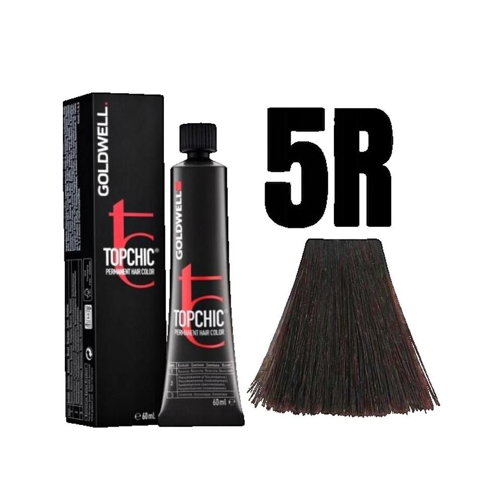 Goldwell Topchic Haarfarbe 5R. Schwarze Tube und Schachtel, daneben Haarsträhne und die Ziffer 5R in Großbuchstaben.