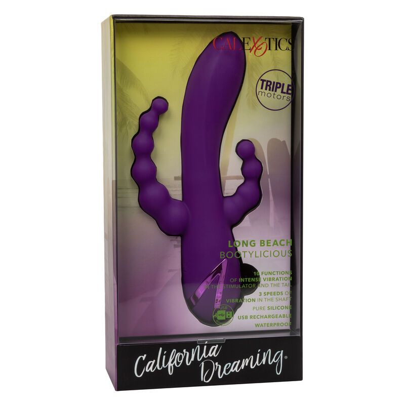 Lila Vibrator in einer Schachtel. Auf der Verpackung steht "Long Beach Bootylicious" und "California Dreaming".