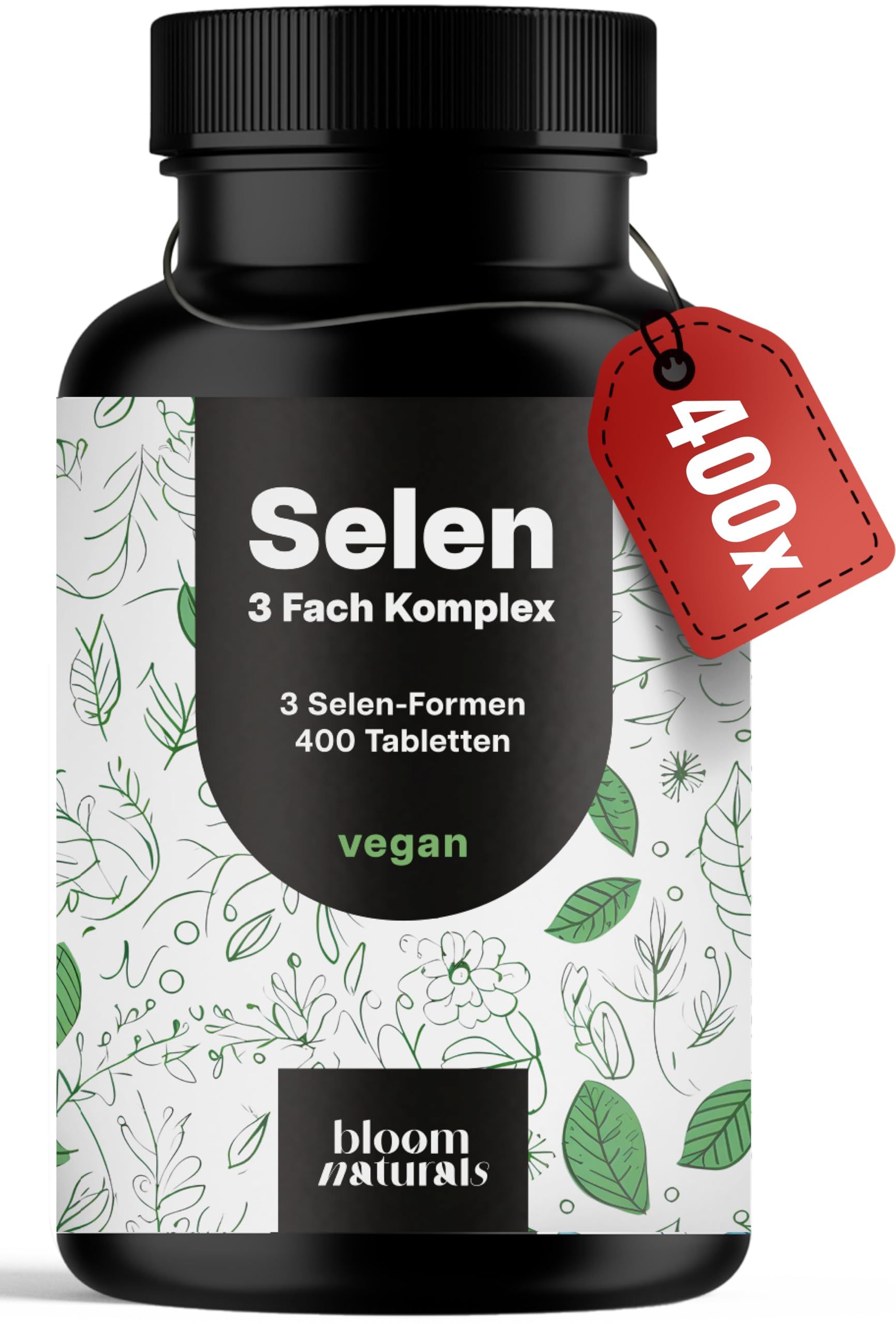 Schwarze Dose mit Selen 3 Fach Komplex, 400 Tabletten, vegan. Mit rotem Anhänger '400X'.
