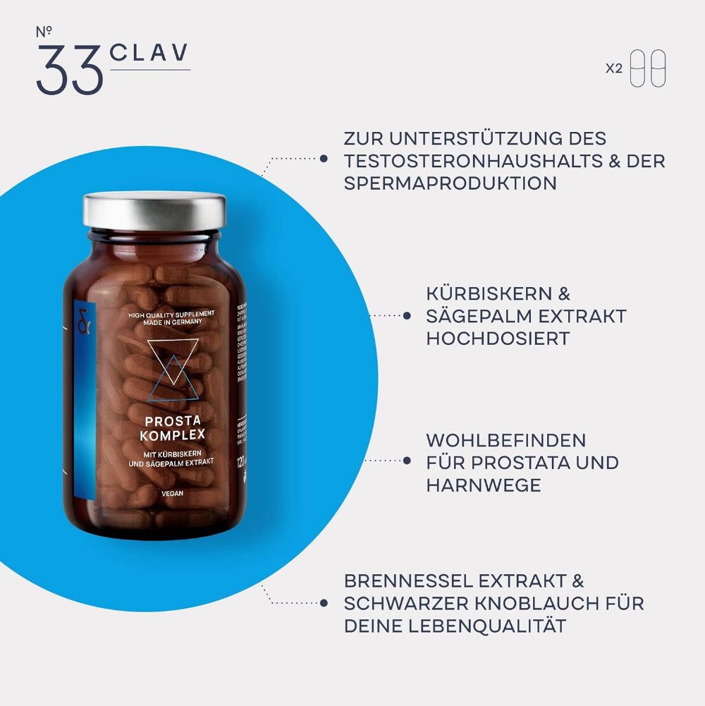 Blaues Design mit Flasche und Text. PROSTA KOMPLEX. Text: Wohlbefinden für Prostata und Harnwege.