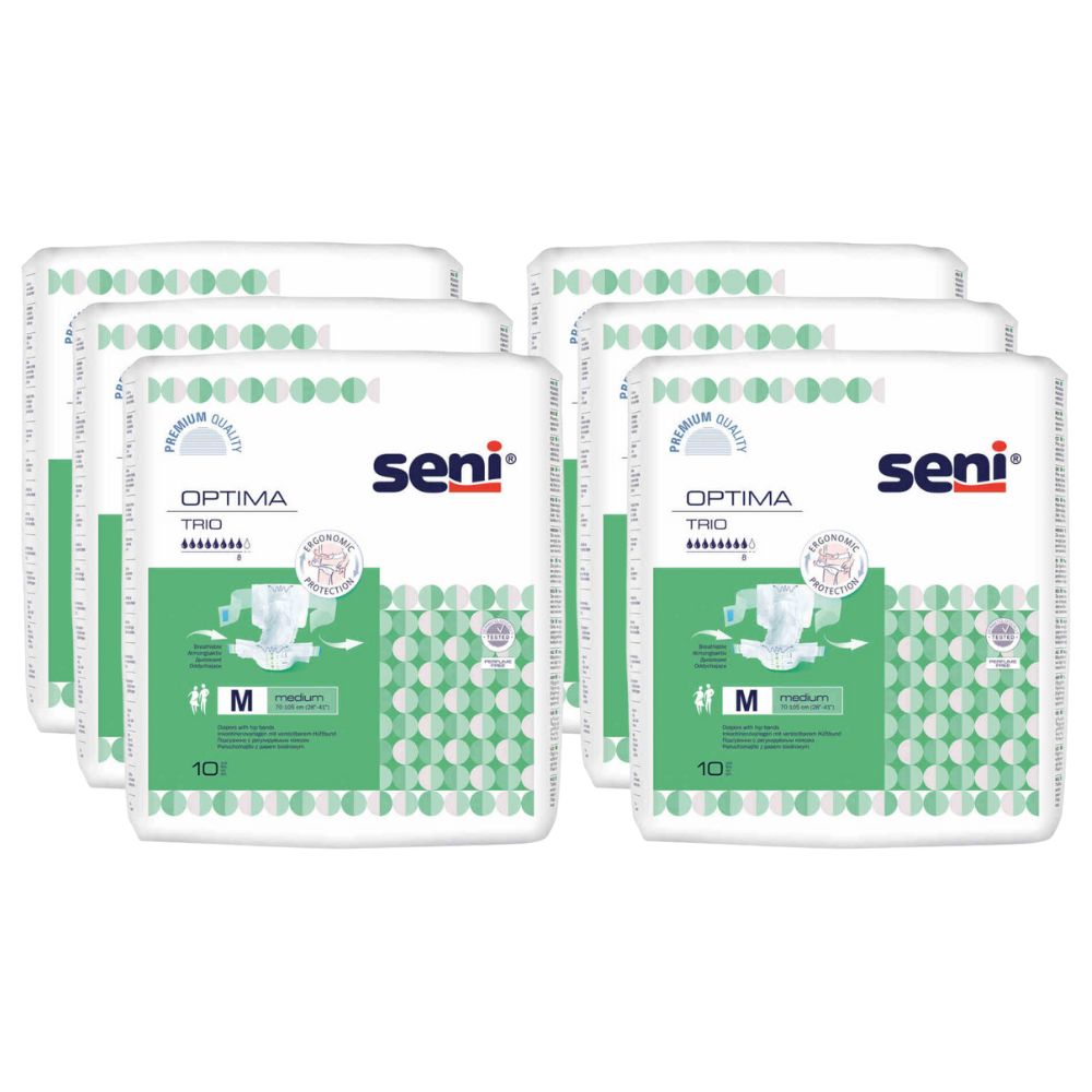 Mehrere Packungen Seni Optima Trio, Größe M, mit 10 Stück. Verpackung mit grünem Muster und Produktlogo.