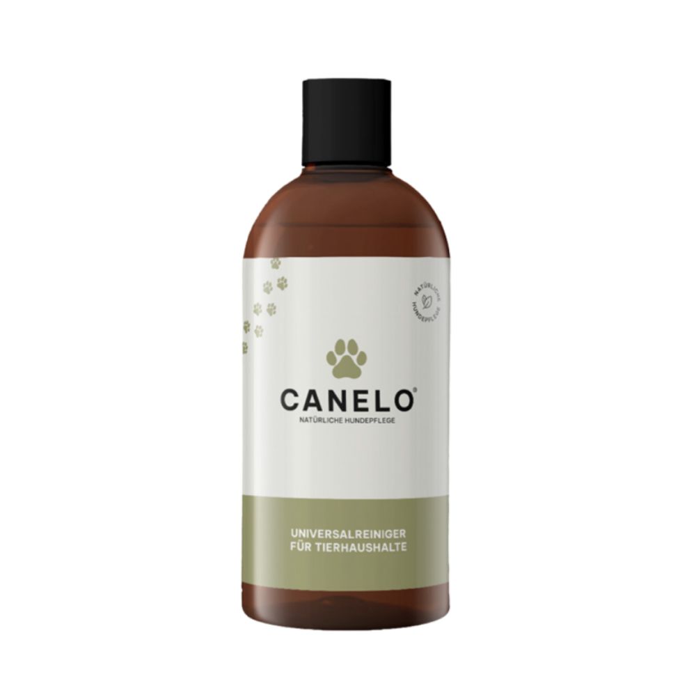 Braune Flasche mit schwarzem Deckel. Aufschrift CANELO, Pfoten-Symbol und Text: Universalreiniger für Tierhaushalte.