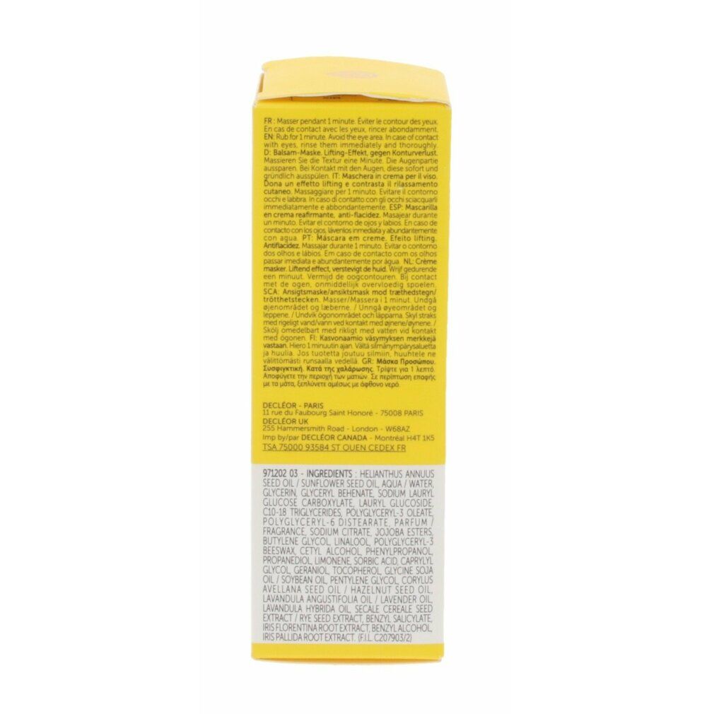 Gelbe Schachtel. Textabschnitte in mehreren Sprachen. Inhaltsstoffe auf Englisch.