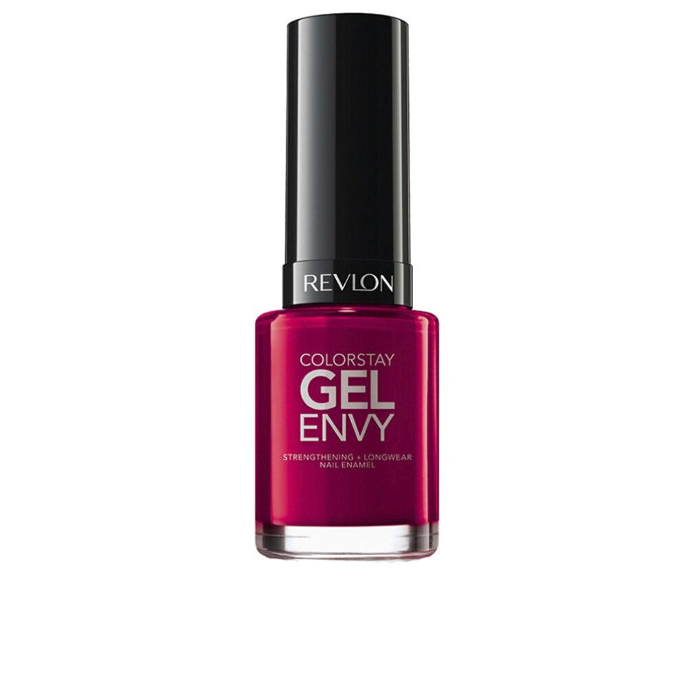 Nagellackflasche, pink. Schwarzer Deckel. Aufschrift: Revlon Colorstay Gel Envy.
