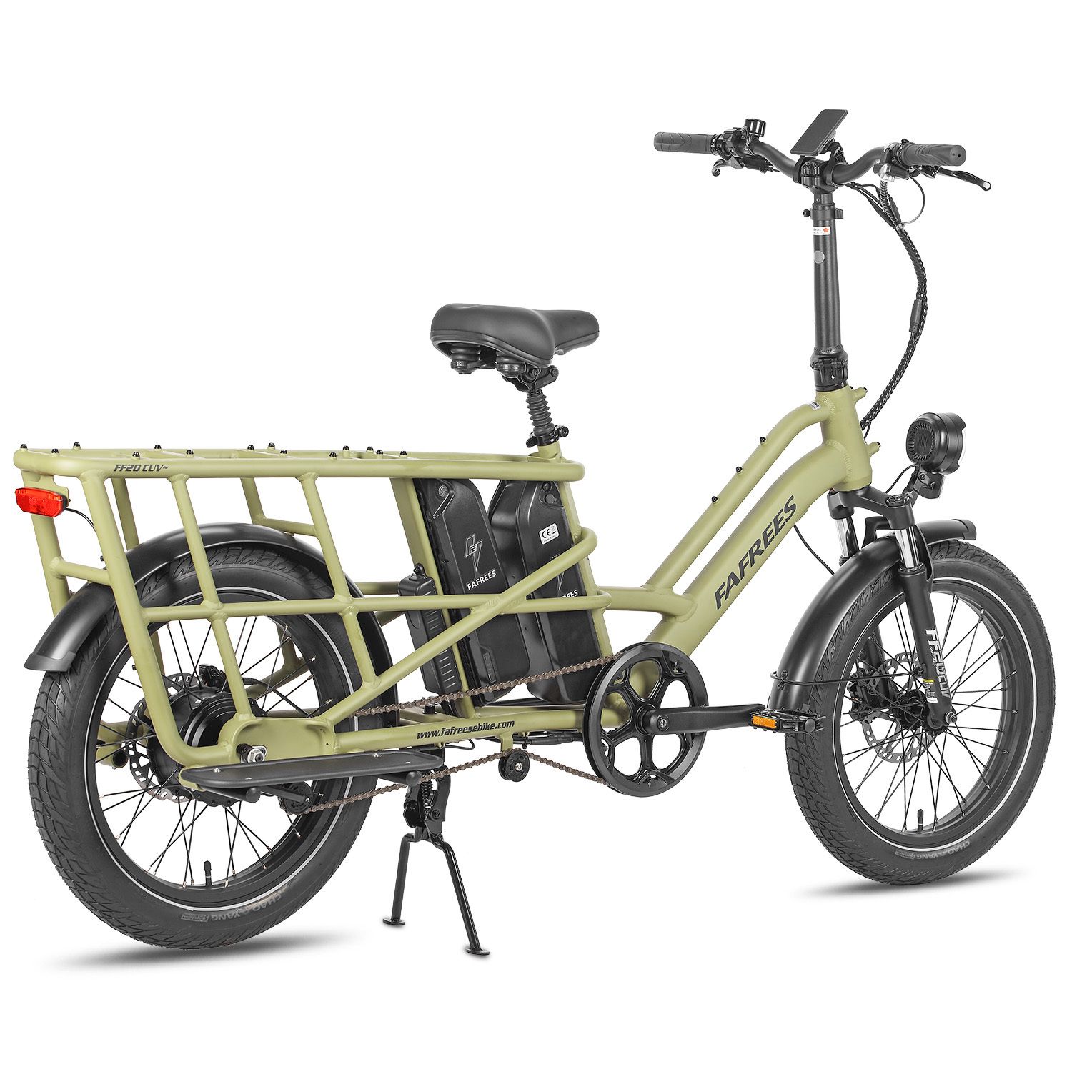 Grünes Fafrees FF20 CUV E-Bike. Gepäckträger, zwei Batterien, Rücklicht, schwarze Reifen und Sattel.