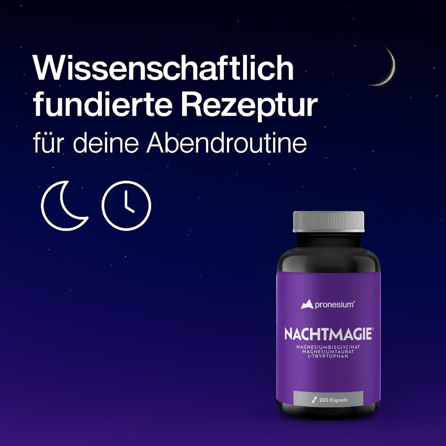 Produktflasche NACHTMAGIE vor blauem Hintergrund. Text: Wissenschaftlich fundierte Rezeptur für deine Abendroutine. Mond und Uhr-Symbol.