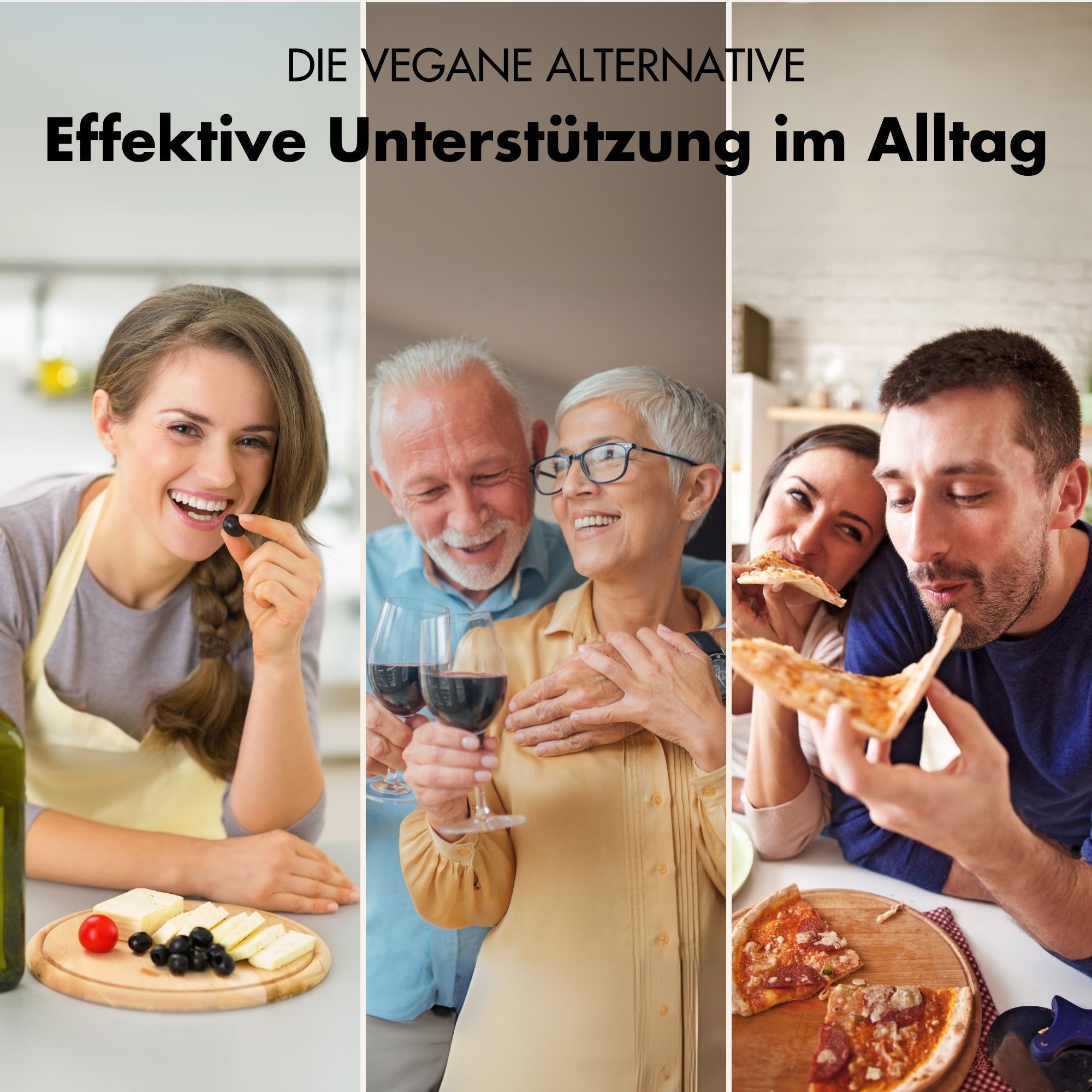 Drei Bilder von Menschen, die essen und trinken. Eine Frau isst Oliven, ein Paar trinkt Wein, ein Paar isst Pizza.