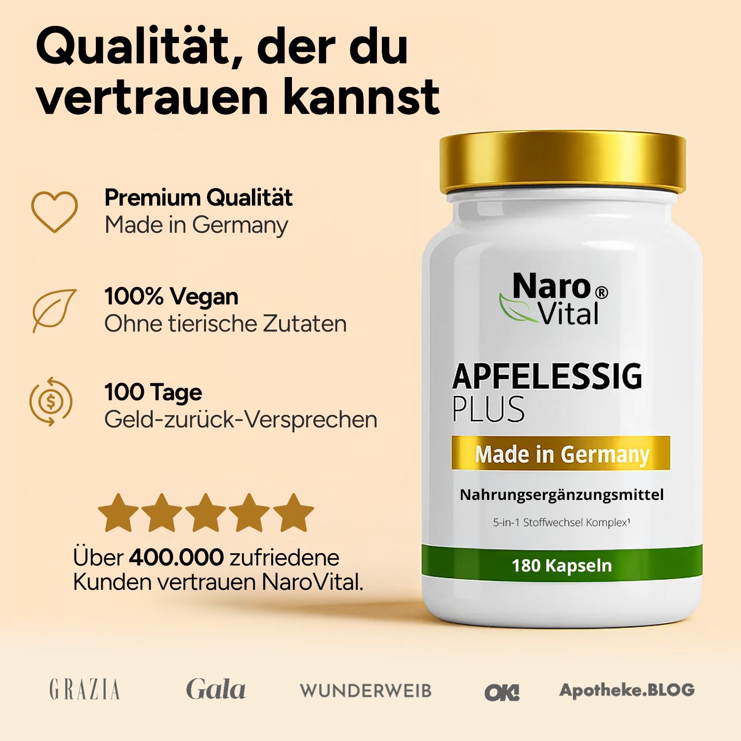 Flasche mit Apfelessig Kapseln. Text: Qualität, der du vertrauen kannst. 100% Vegan. 100 Tage Geld-zurück-Versprechen. Über 400.000 zufriedene Kunden.