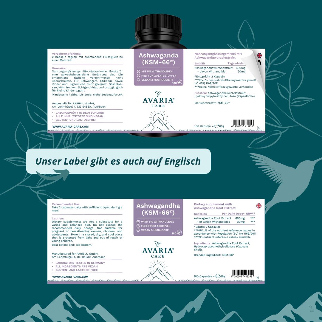 Produktetikett mit Informationen zu Ashwagandha. Englischer Text. 180 Kapseln.