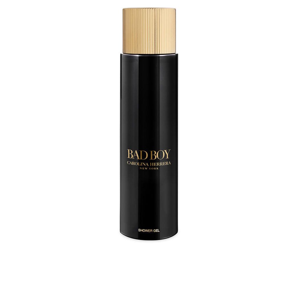 Schwarze Flasche mit goldenem Deckel. Aufschrift: BAD BOY, CAROLINA HERRERA NEW YORK, SHOWER GEL.