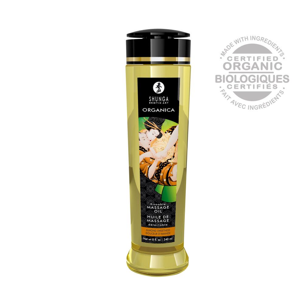 Zylindrische Flasche Massageöl. Schwarzer Deckel, gelbes Öl, Etikett mit Schriftzug und Abbildung. Bio-Zertifizierung.
