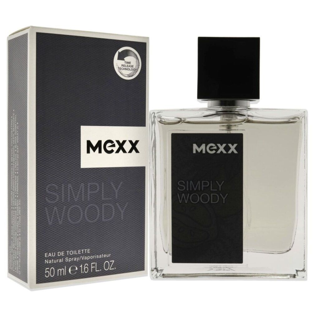 Mexx Simply Woody Eau de Toilette. Flakon und Verpackung. Schwarze Schrift auf weißem Hintergrund. 50 ml.