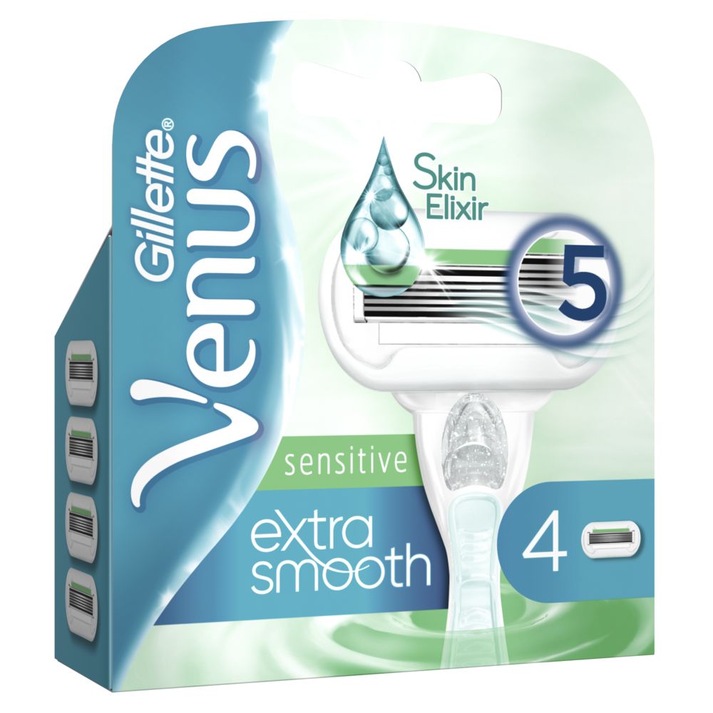 Gillette Venus Ersatzklingen-Packung. Enthält Rasierer mit 5 Klingen, Skin Elixir und die Aufschrift "Extra Smooth Sensitive".