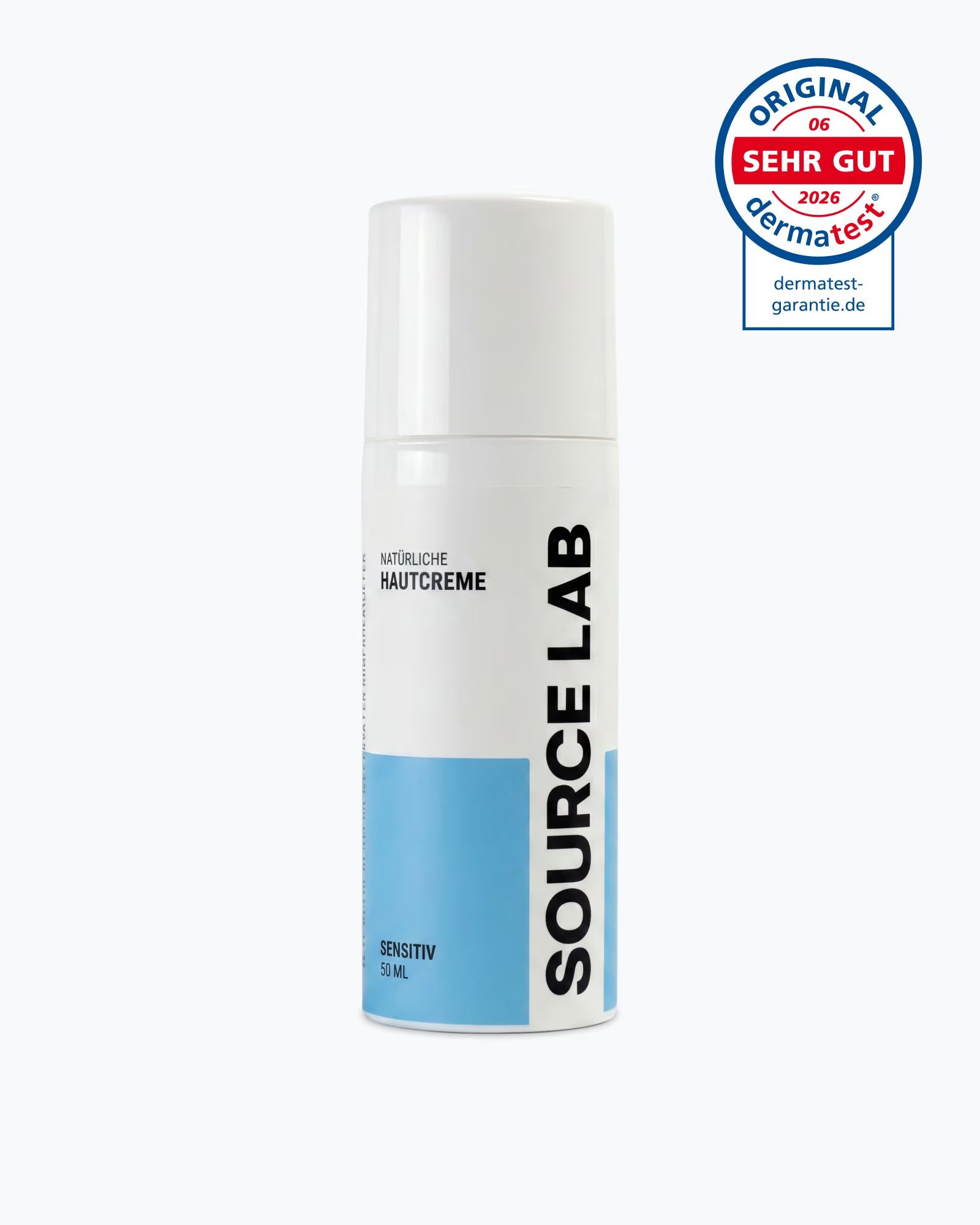 SOURCE LAB Pflegende Hautcreme Flasche mit dermatest Siegel.
