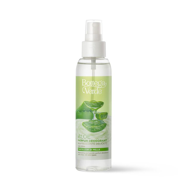 Bottega Verde Aloe Parfum Deodorant. La bottiglia trasparente con vaporizzatore contiene il prodotto. Un'etichetta verde mostra foglie di aloe vera e il nome del prodotto. Il deodorante è adatto a tutti i tipi di pelle.