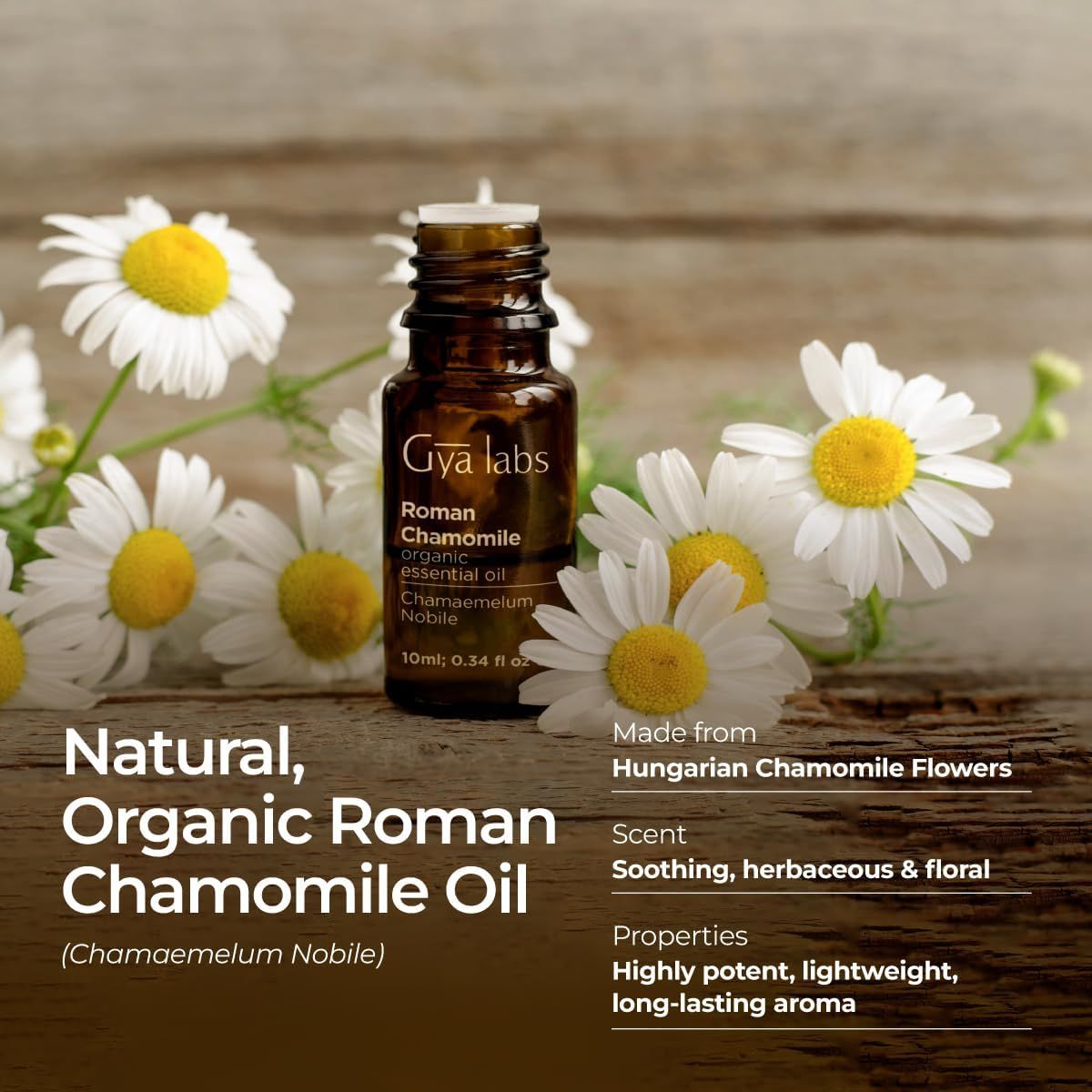Braune Glasflasche mit "Roman Chamomile" und Kamillenblüten. Text: "Natural, Organic Roman Chamomile Oil". Eigenschaften: Soothing, herbaceous & floral.
