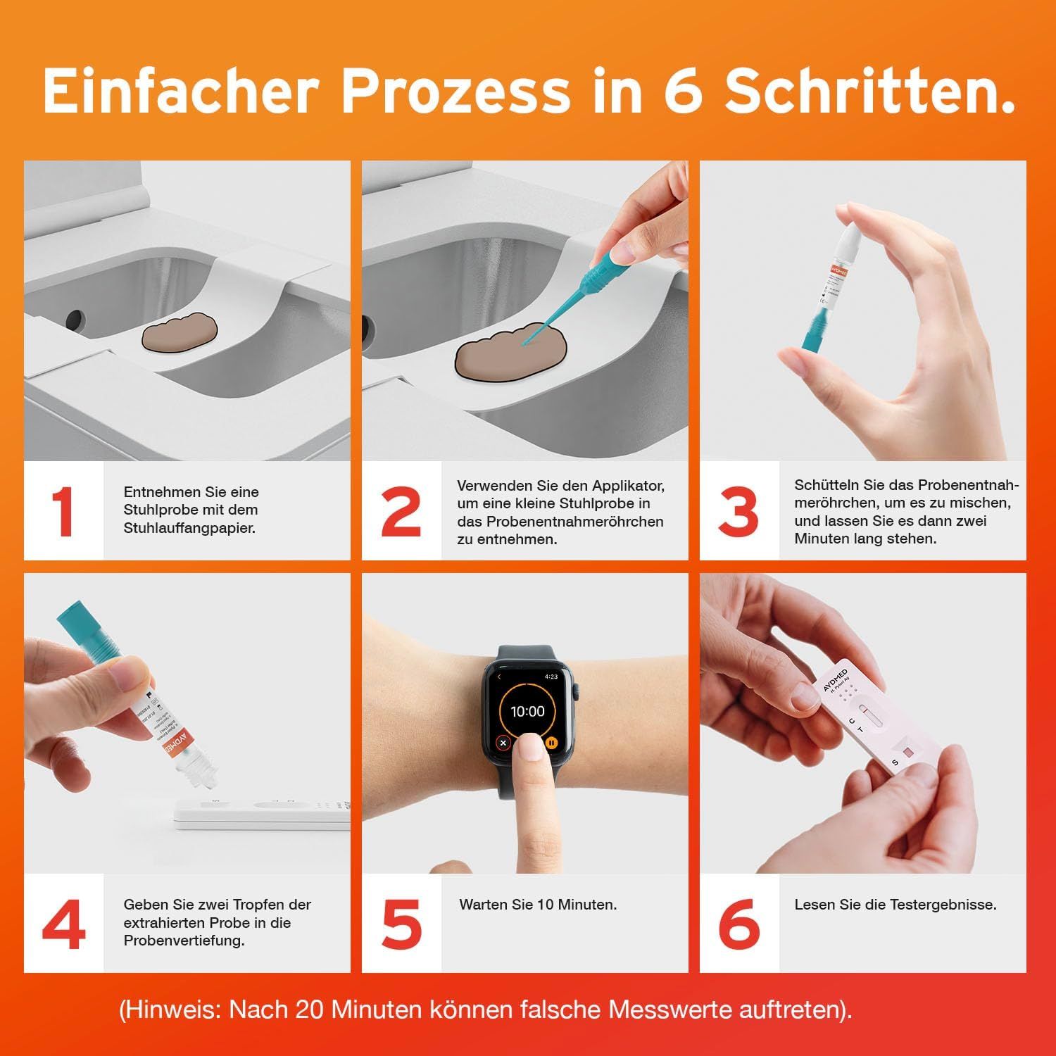 6 Schritte des Testprozesses. Entnahme, Mischen, Warten, Tropfen, 10 Minuten warten, Ergebnis lesen. Mit Stuhlprobe.